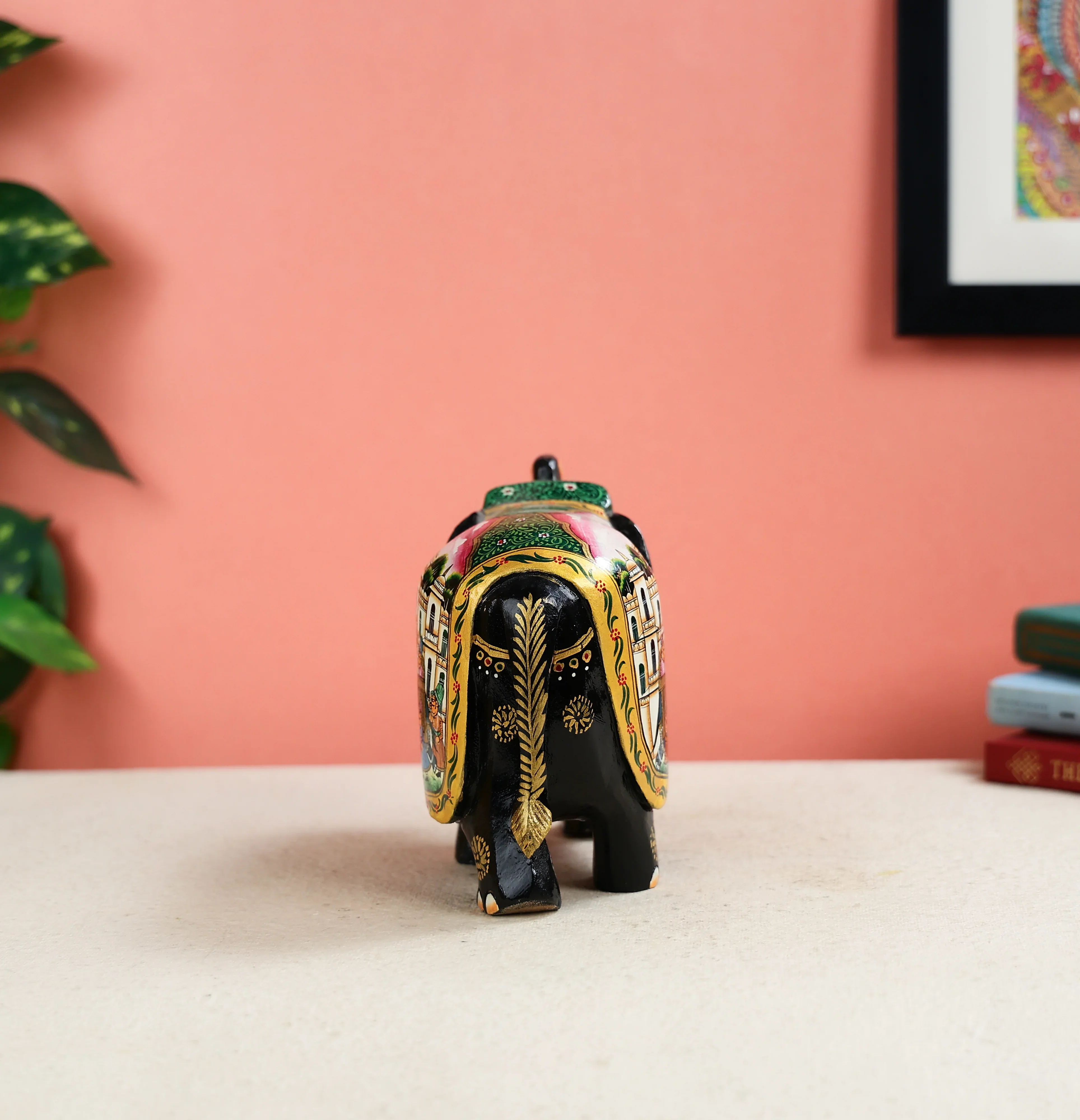 6" Kadam Wood Carved Elephant with Hand Painted King Ambari Scene on Table Decor - Image 2