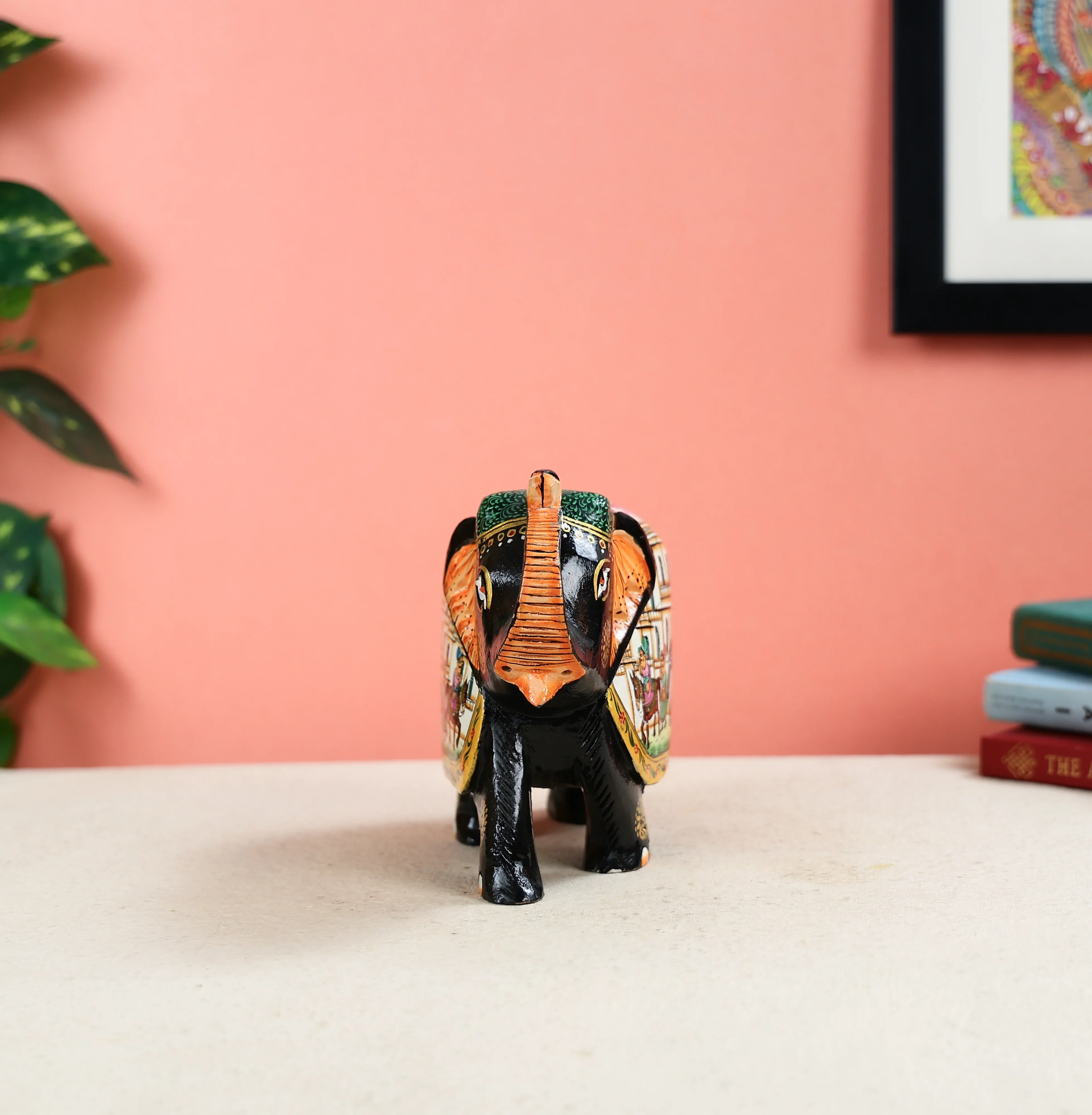 6" Kadam Wood Carved Elephant with Hand Painted King Ambari Scene on Table Decor - Image 4