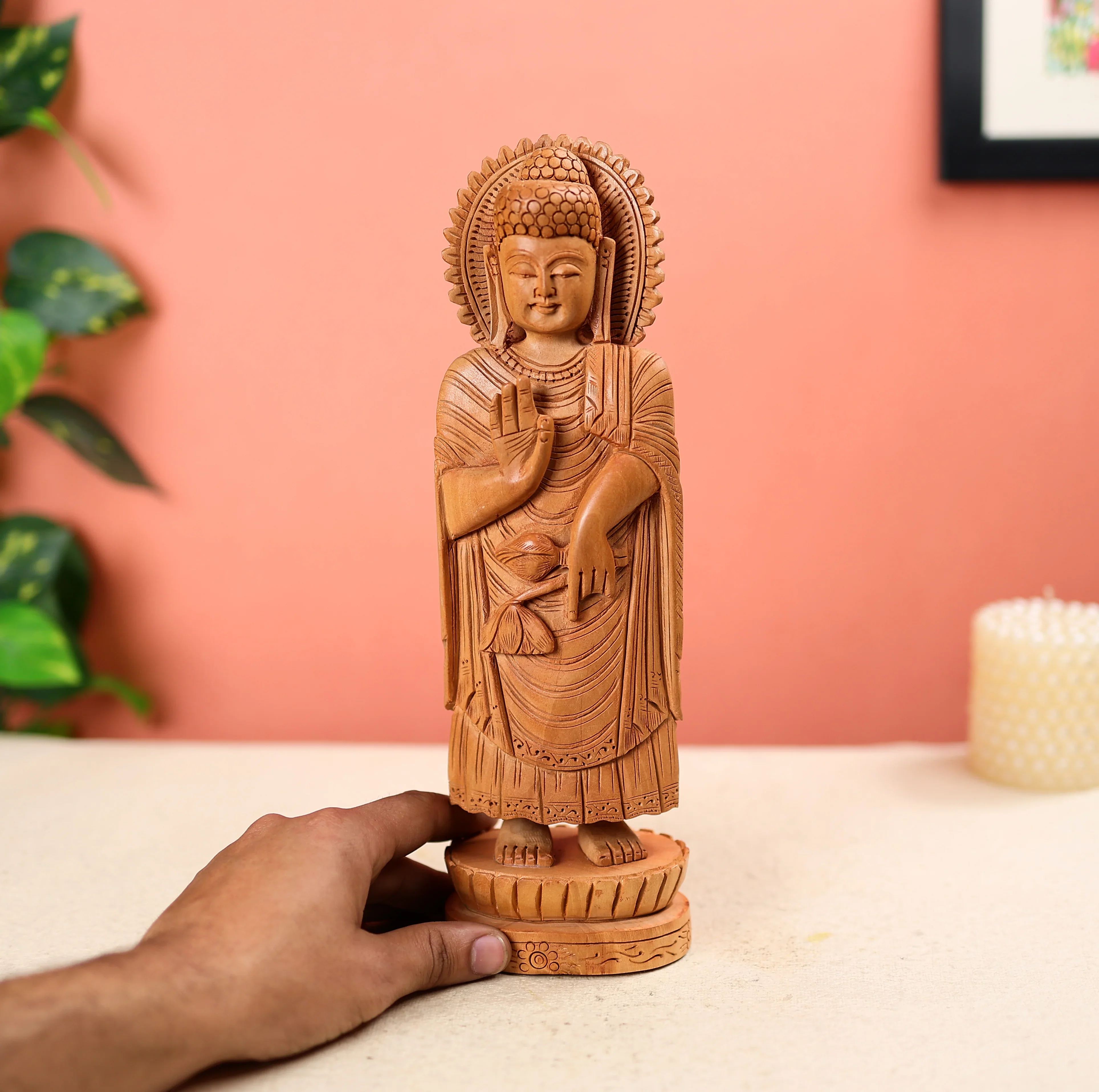 Kadam Wood Hand Carved Lord Buddha Statue Table Decor - Image 6