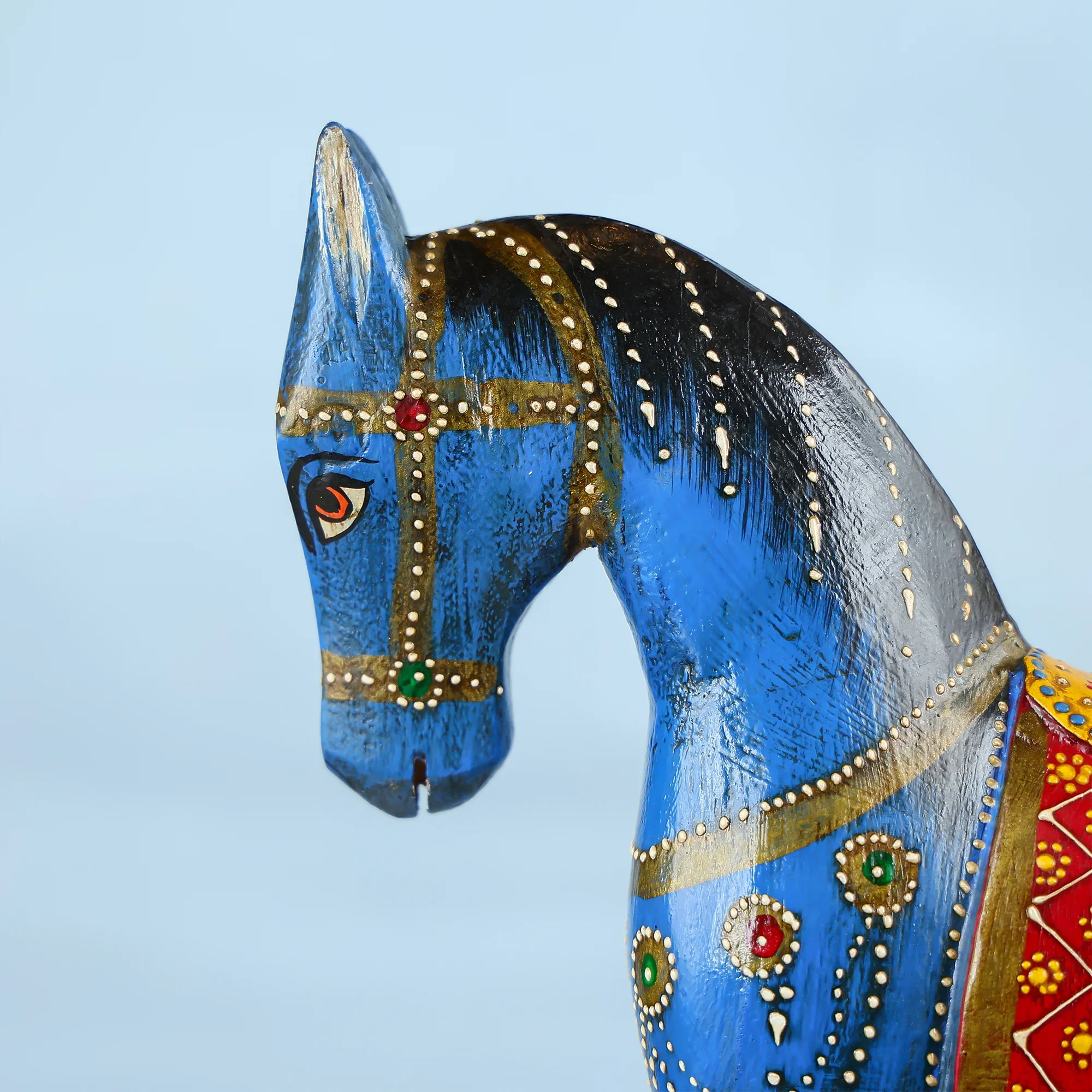 Handcrafted Blue Wooden Horse With Traditional Artwork Table Decor - Image 3