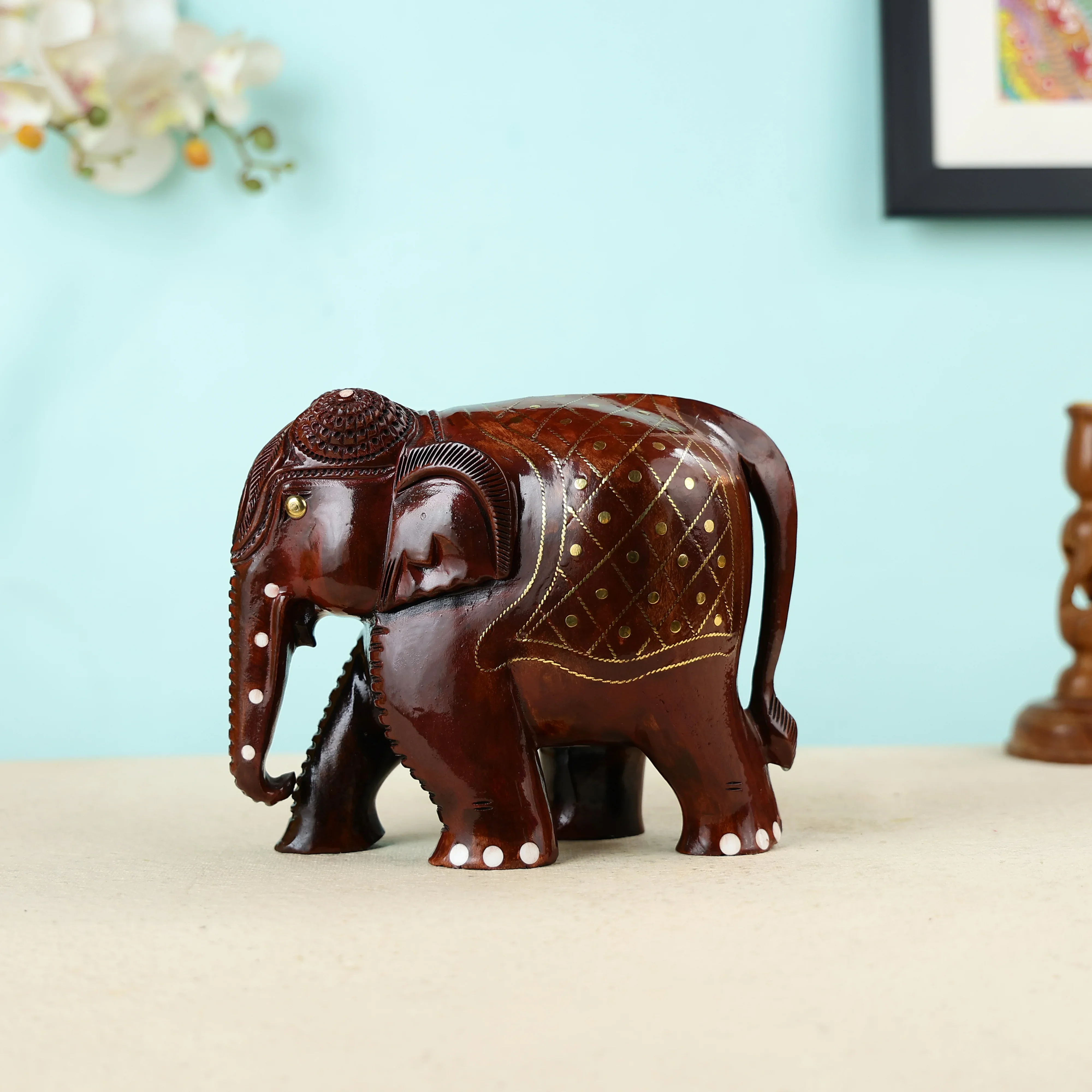 Handcrafted Wooden Elephant with brass wire inlay work Table Decor