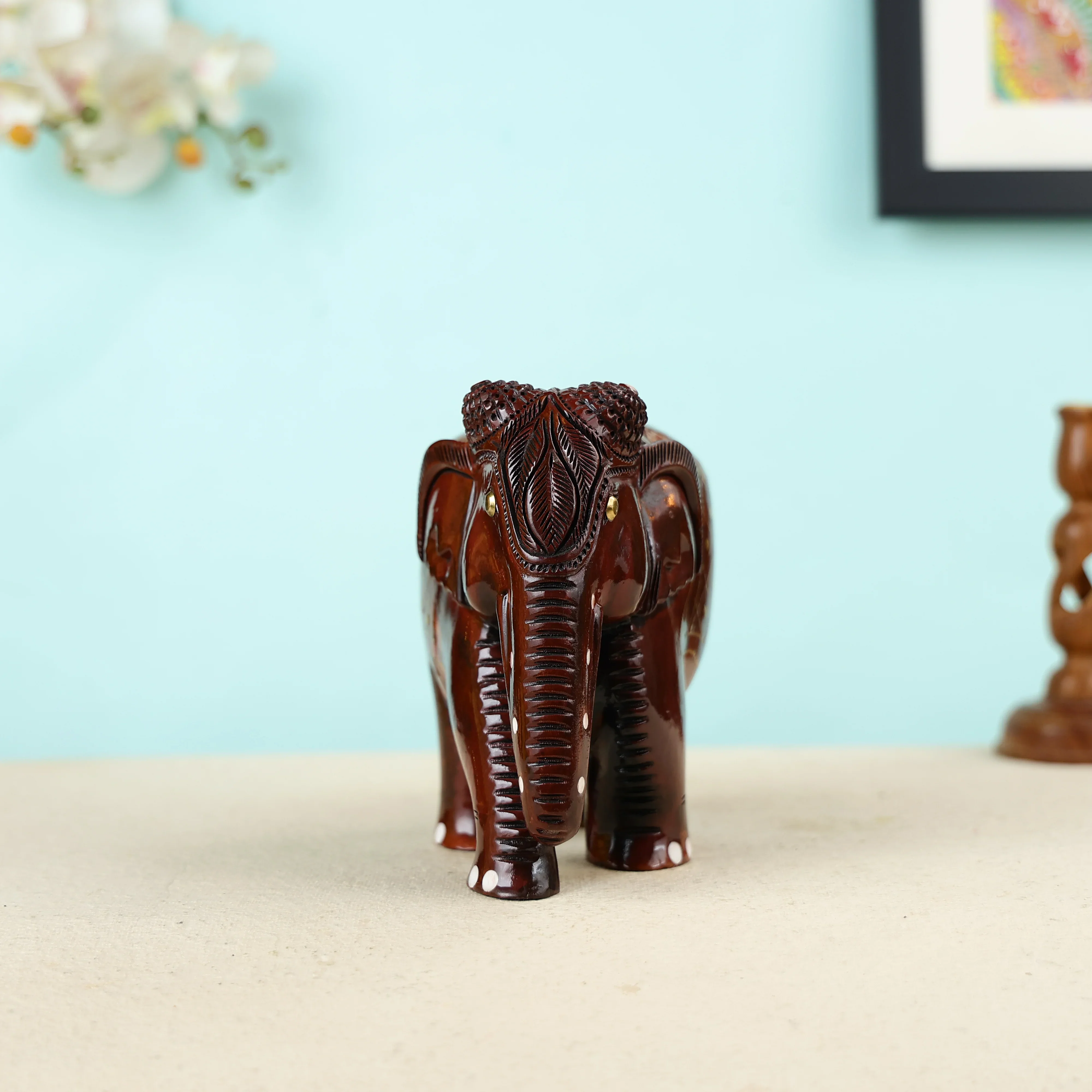 Handcrafted Wooden Elephant with brass wire inlay work Table Decor - Image 2
