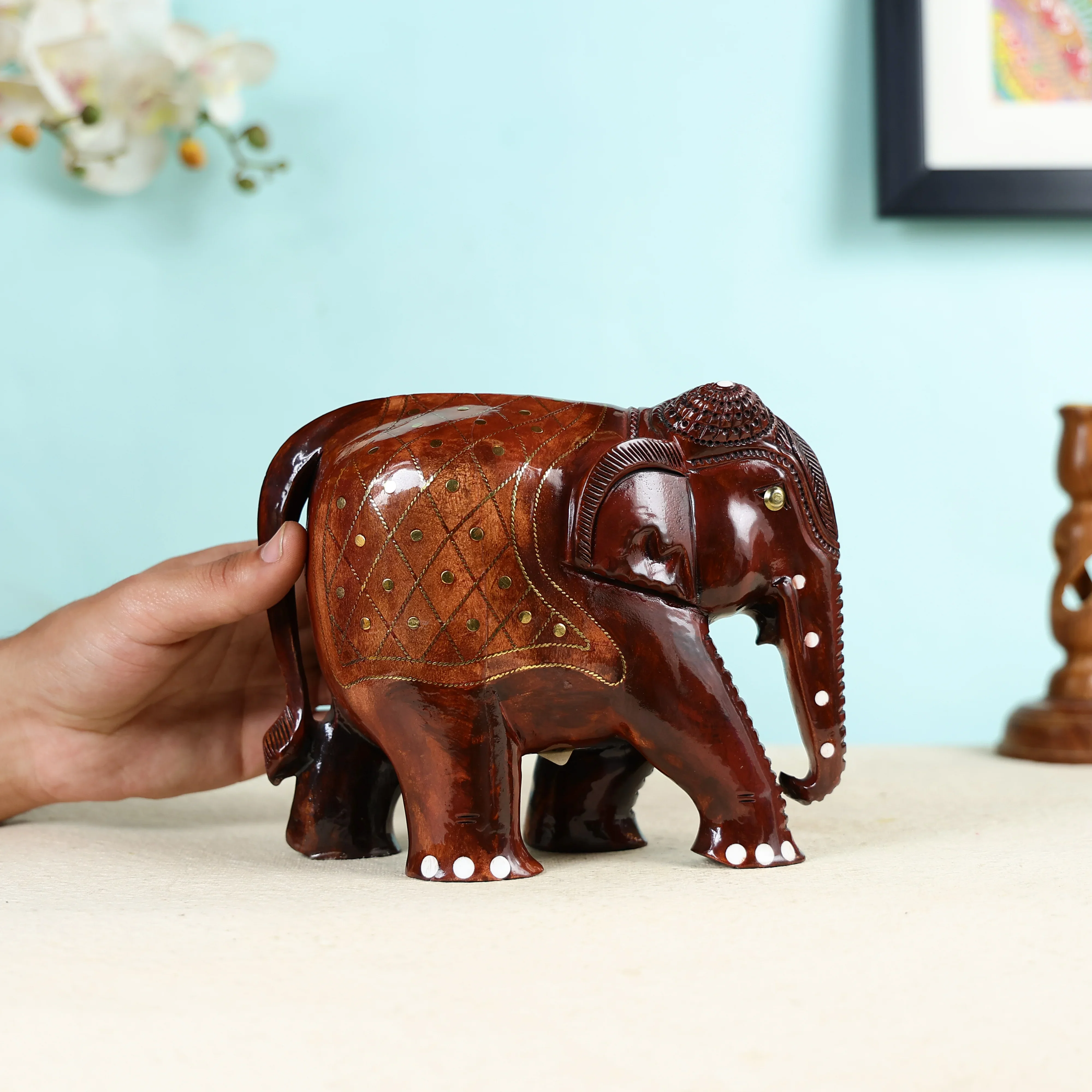 Handcrafted Wooden Elephant with brass wire inlay work Table Decor - Image 5