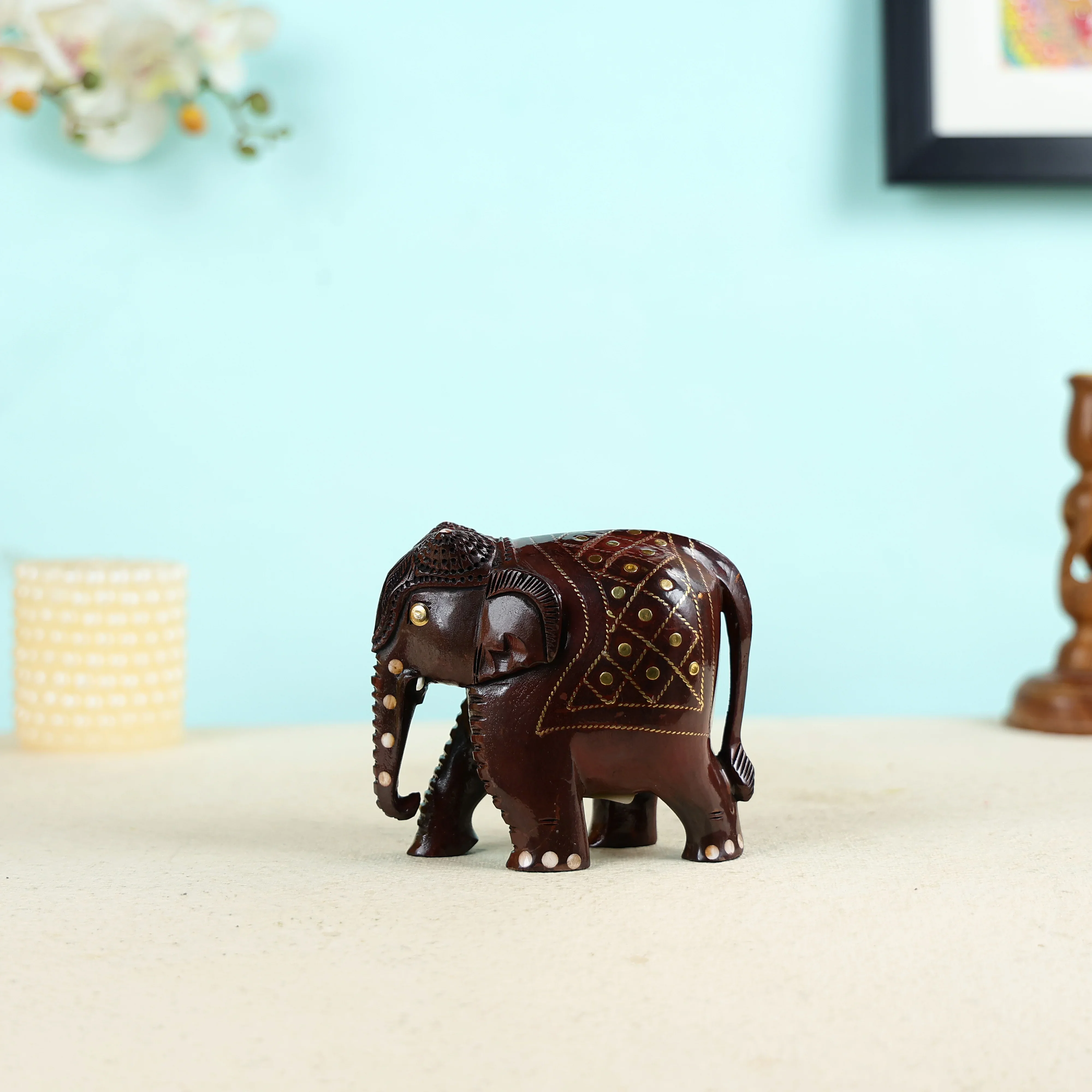 Handcrafted Wood Carved Small Elephant with Brass Wire Inlay Work