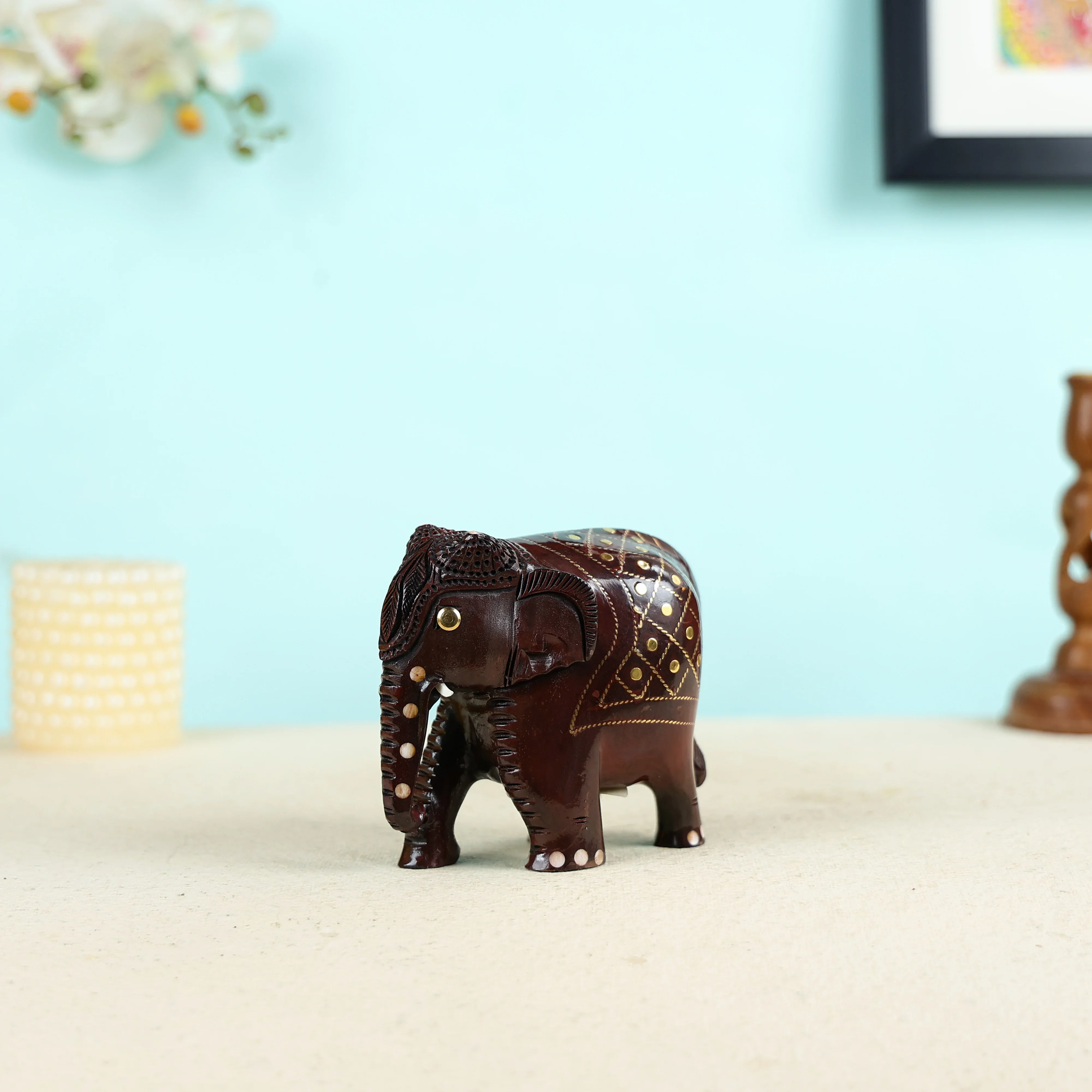 Handcrafted Wood Carved Small Elephant with Brass Wire Inlay Work - Image 2