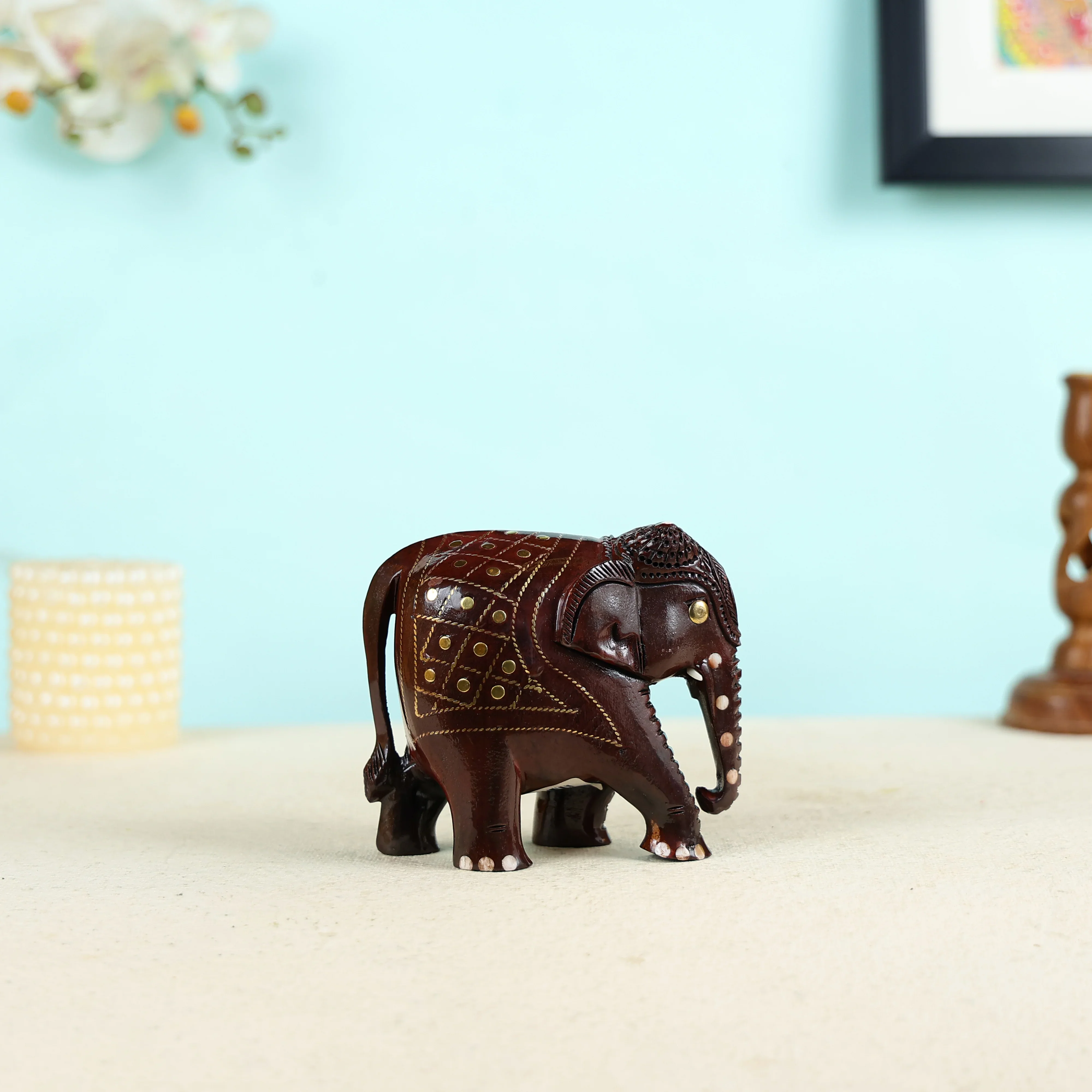 Handcrafted Wood Carved Small Elephant with Brass Wire Inlay Work - Image 4