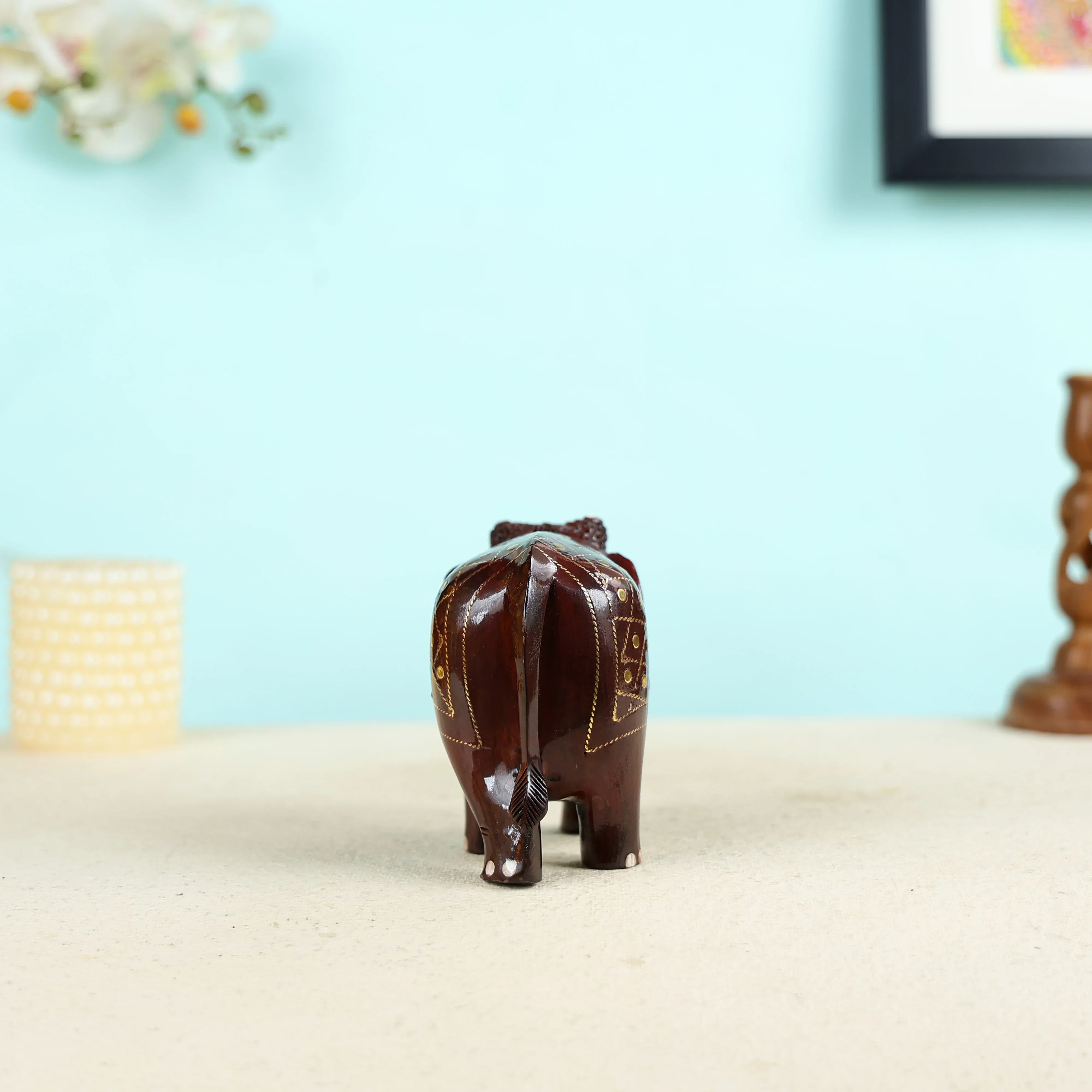 Handcrafted Wood Carved Small Elephant with Brass Wire Inlay Work - Image 5
