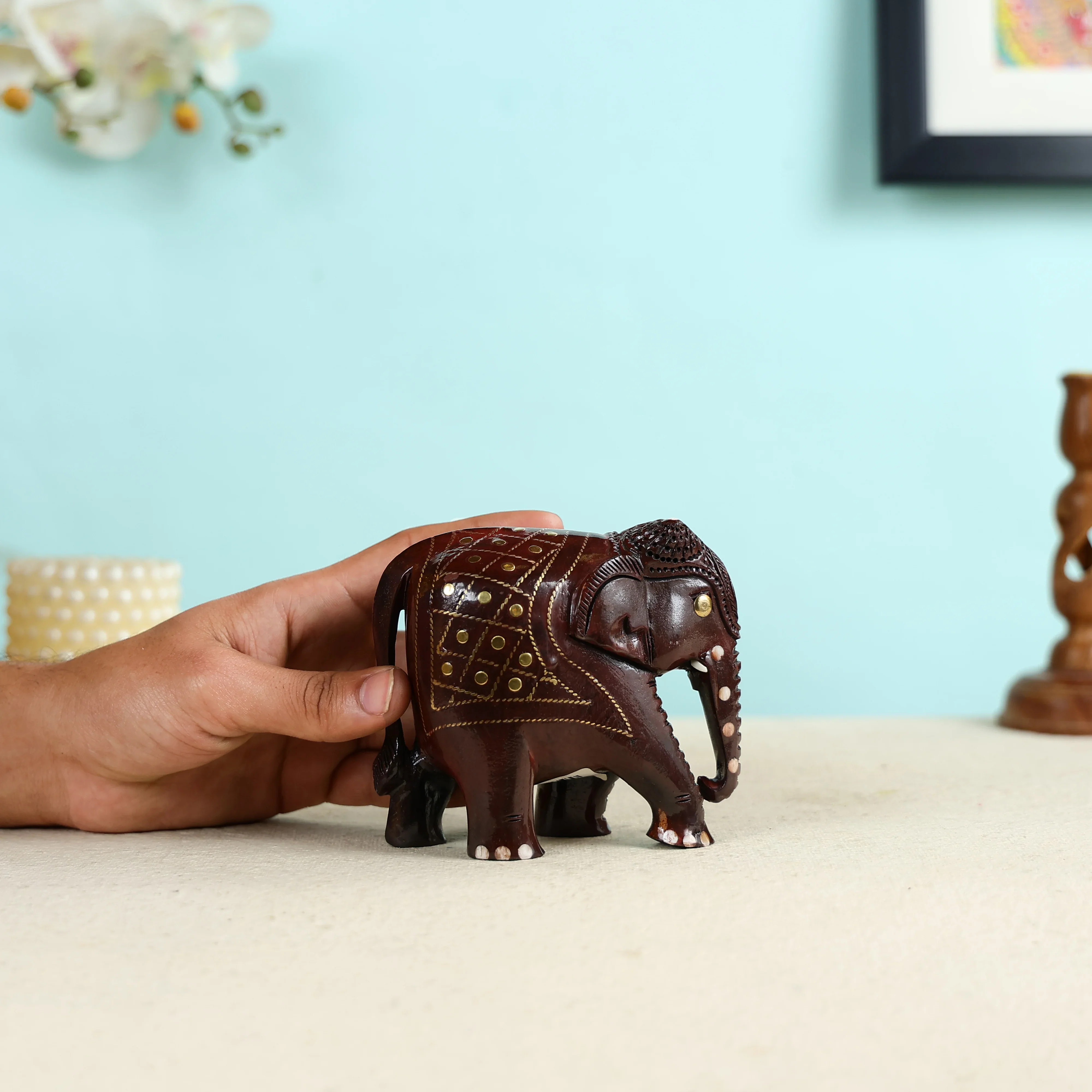 Handcrafted Wood Carved Small Elephant with Brass Wire Inlay Work - Image 6