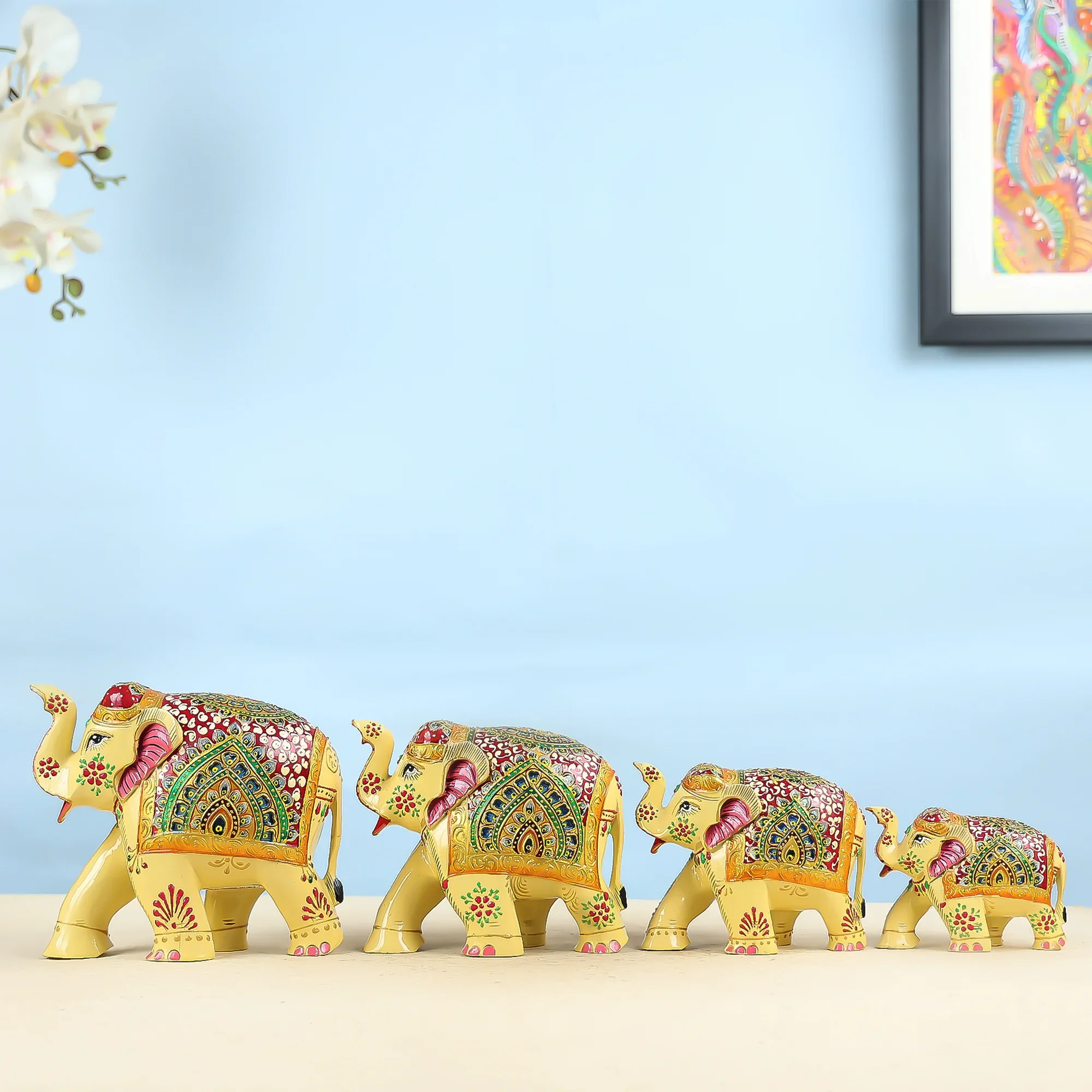Meenakari Worked Carved Wooden Elephant Family Table Decor