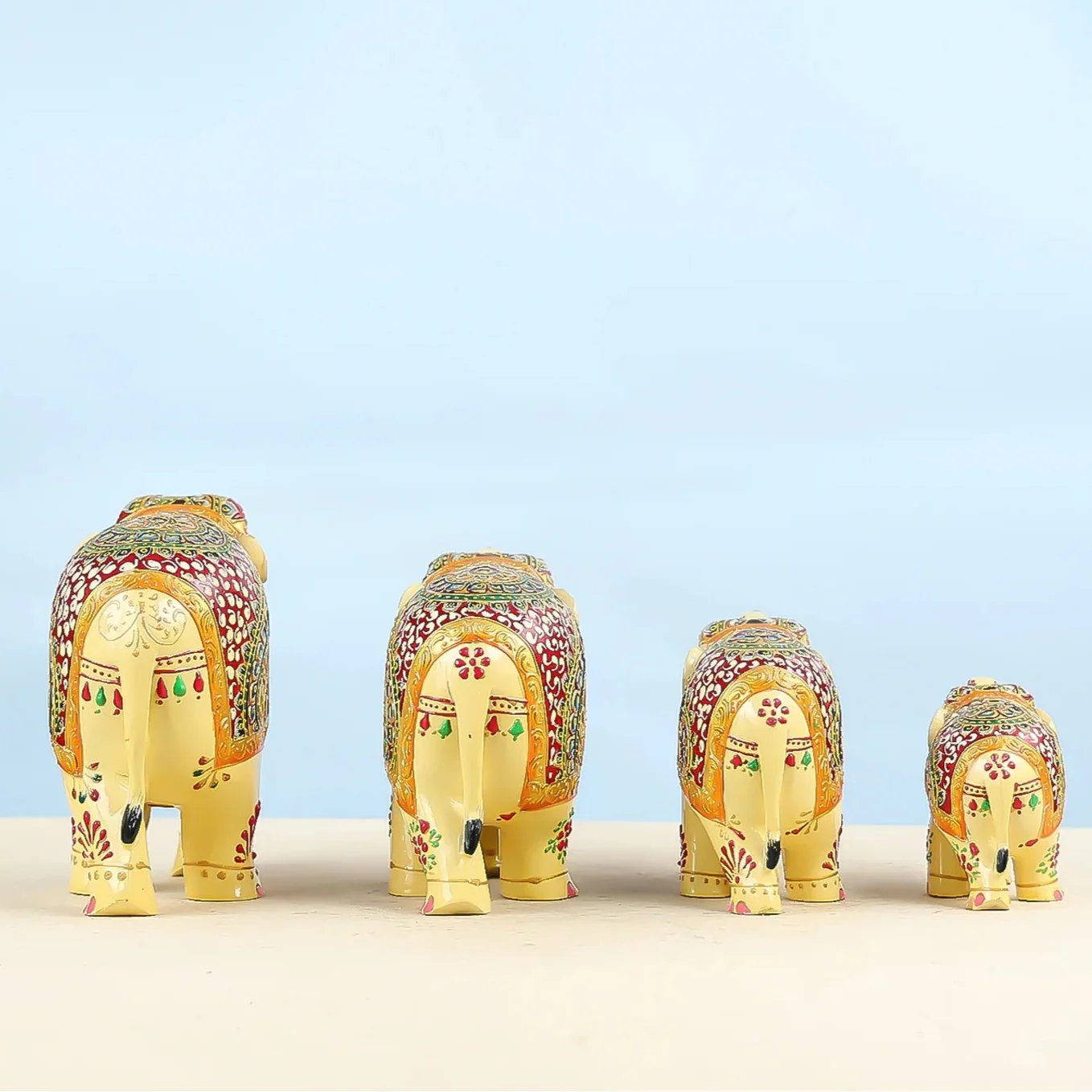 Meenakari Worked Carved Wooden Elephant Family Table Decor - Image 4