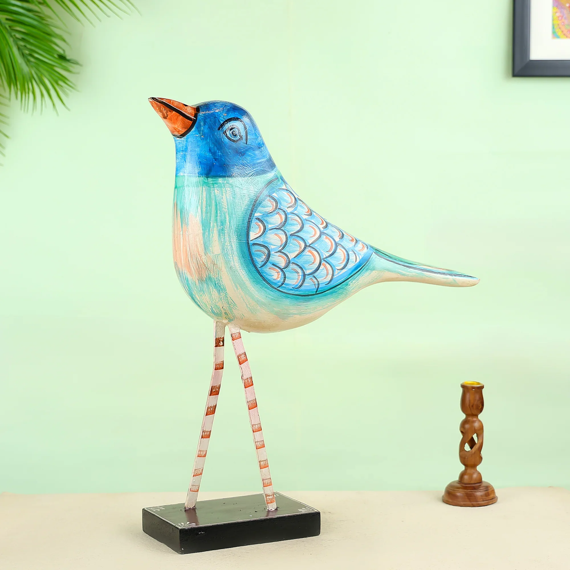 Hand painted Carved Wooden Sparrow Figurine With Artistic Detailing Table Decor - Image 3