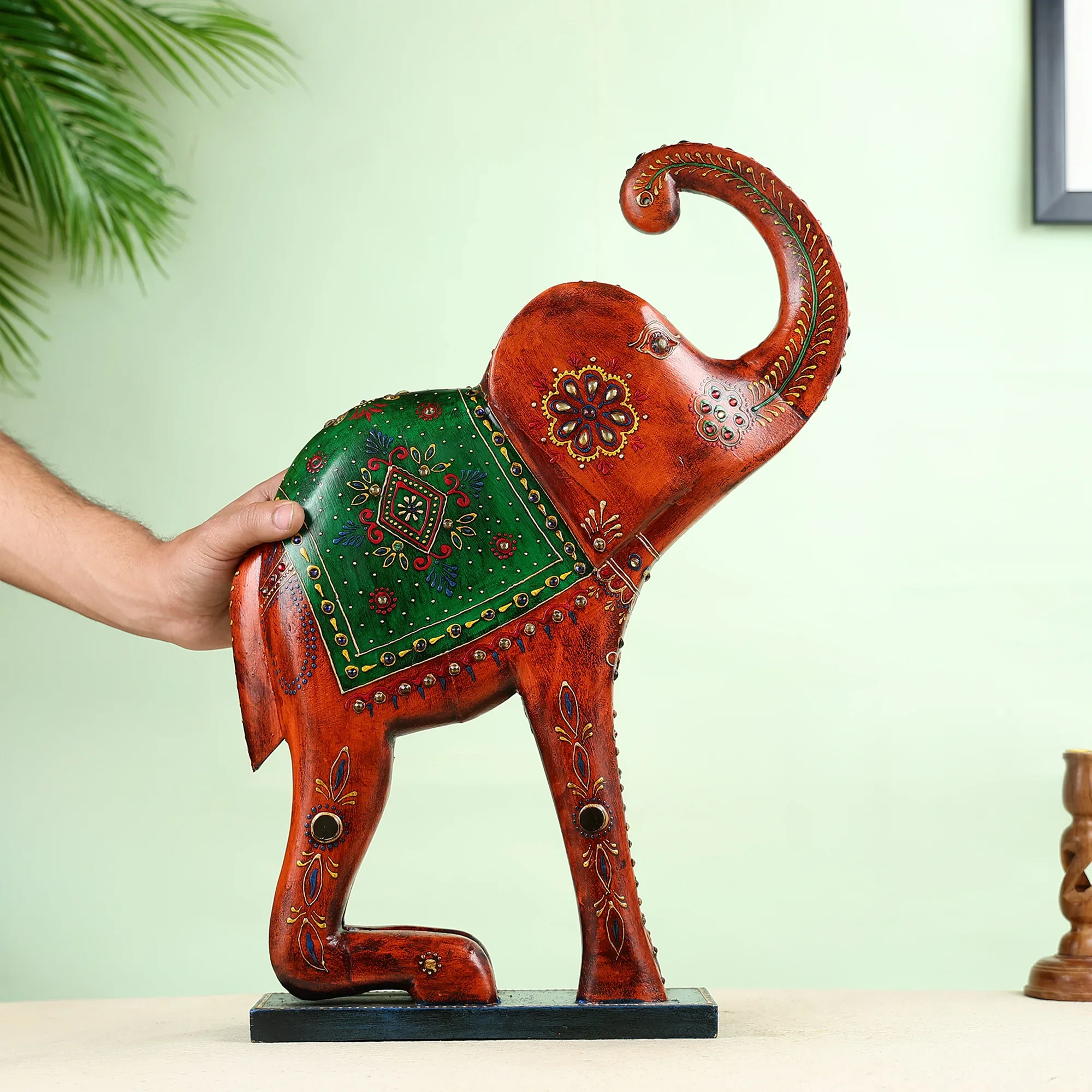 Hand painted Carved Wooden Welcoming Elephant Table Decor - Image 4