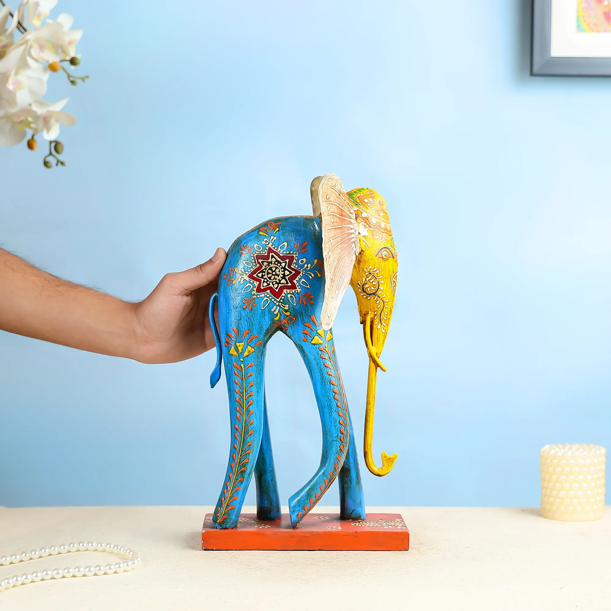 Hand Painted Carved Wood & Iron Elephant Table Decor - Image 2