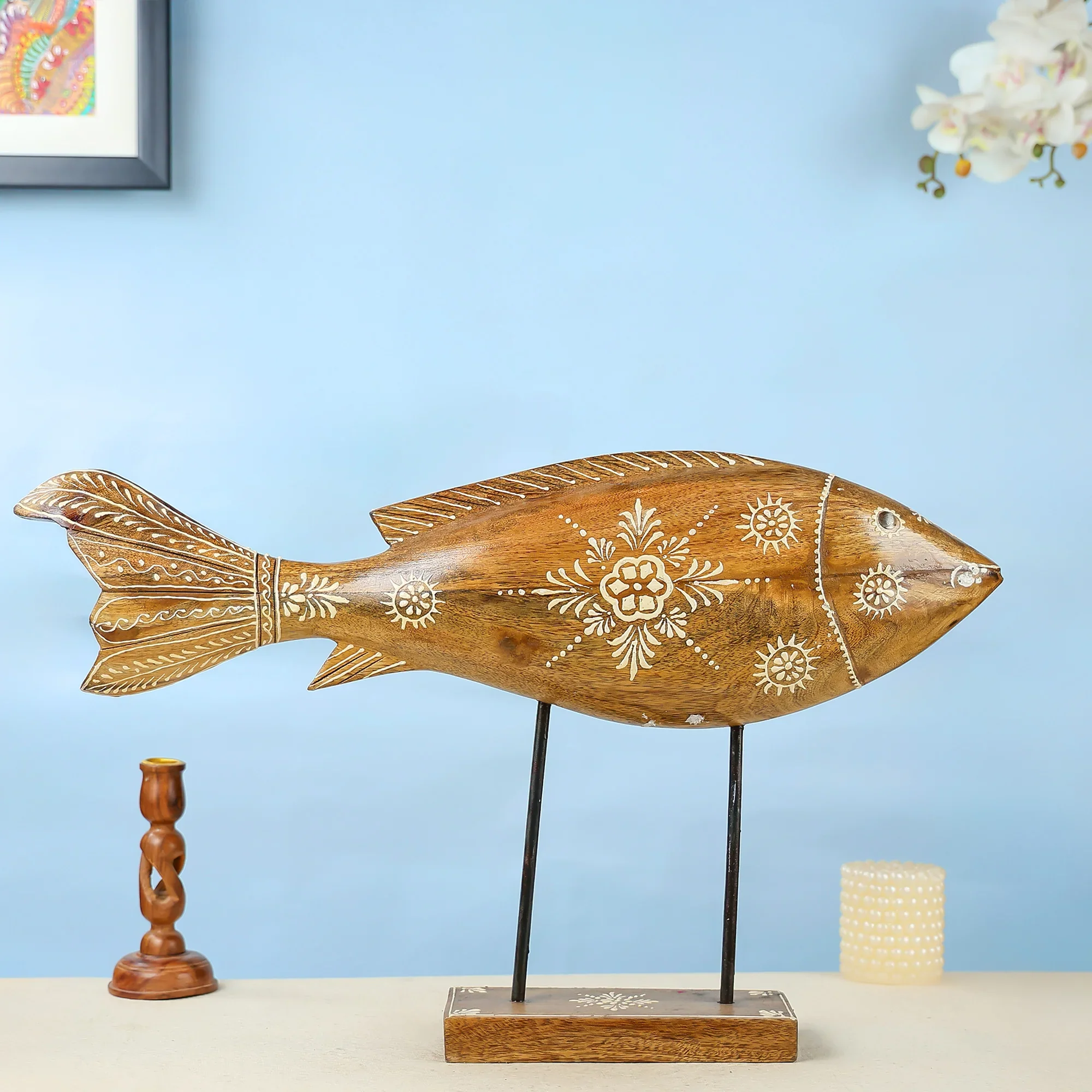 Handcrafted Wooden Fish on Stand Table Decor