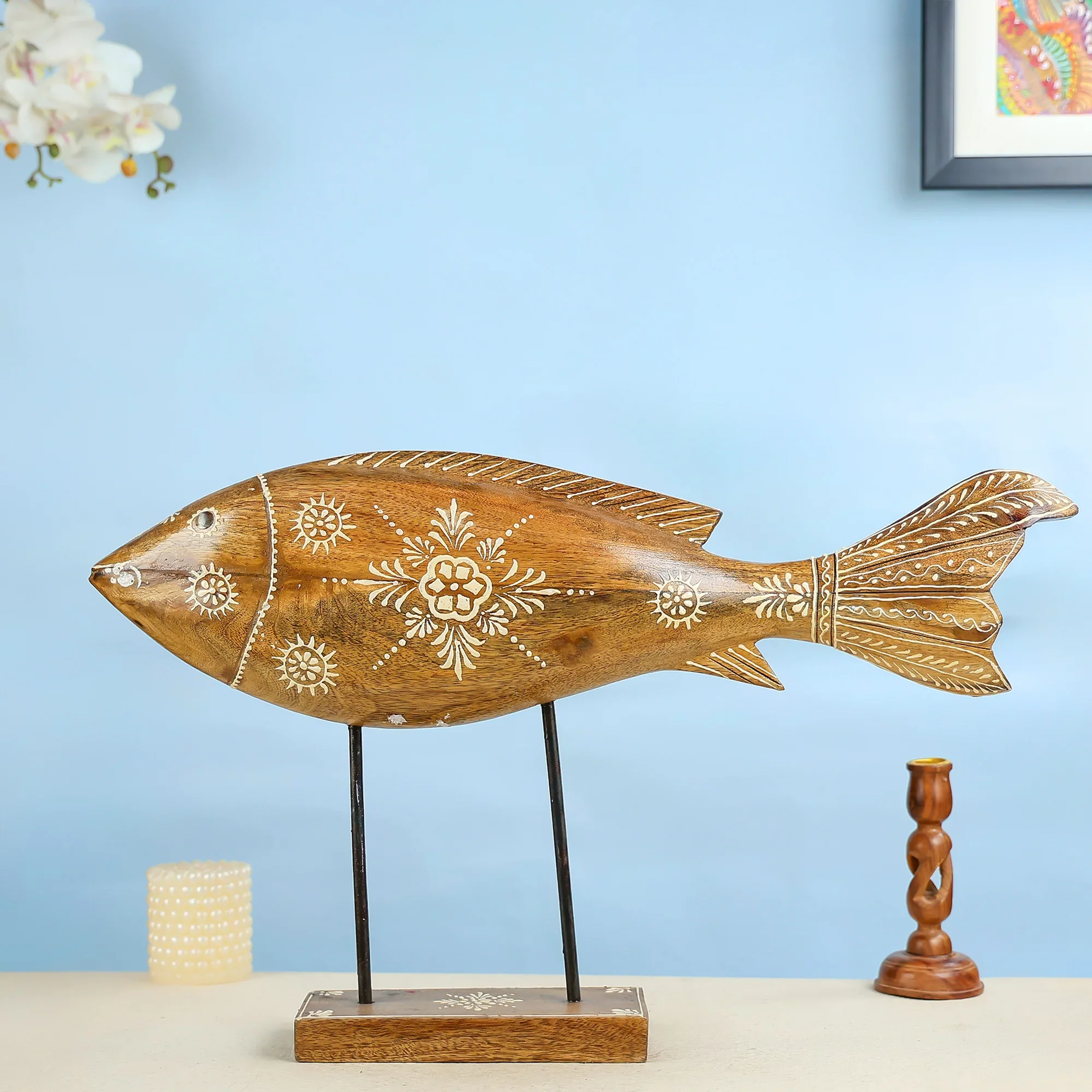 Handcrafted Wooden Fish on Stand Table Decor - Image 2