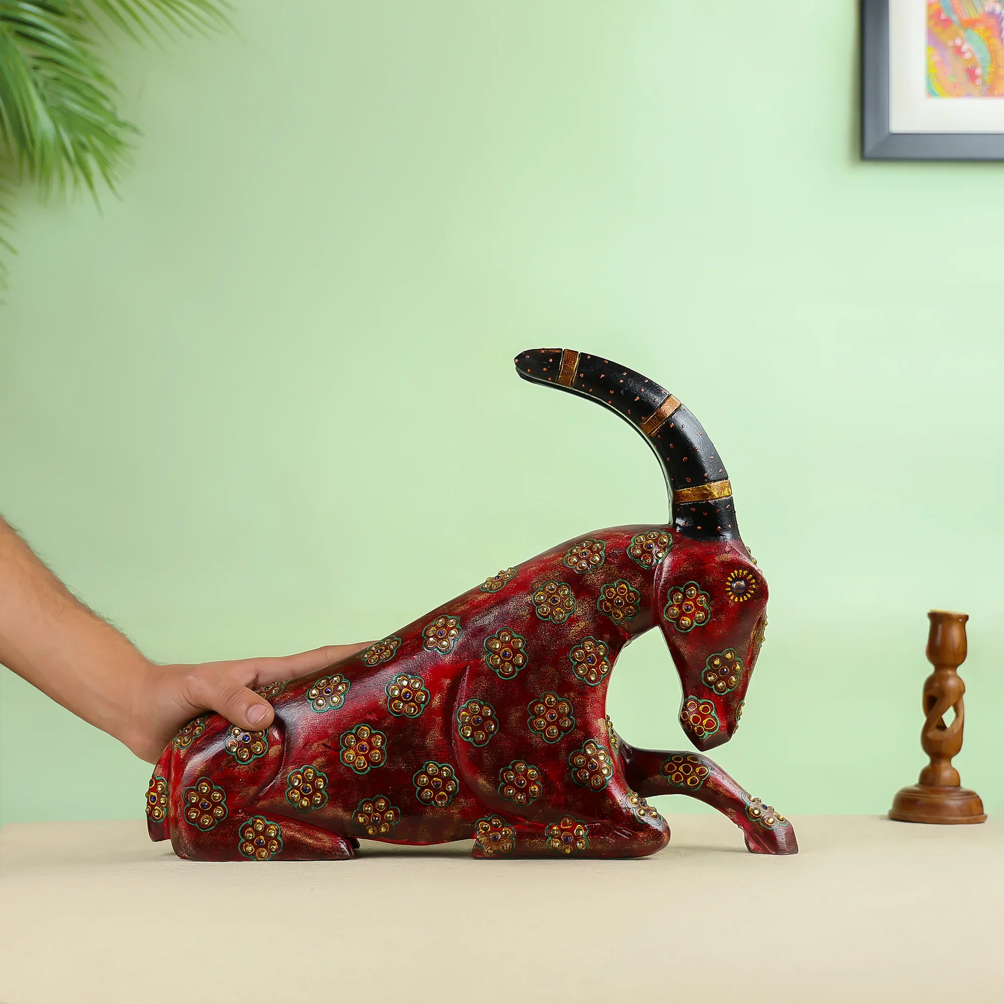 Hand painted Carved Wooden Goat Table Decor - Image 2