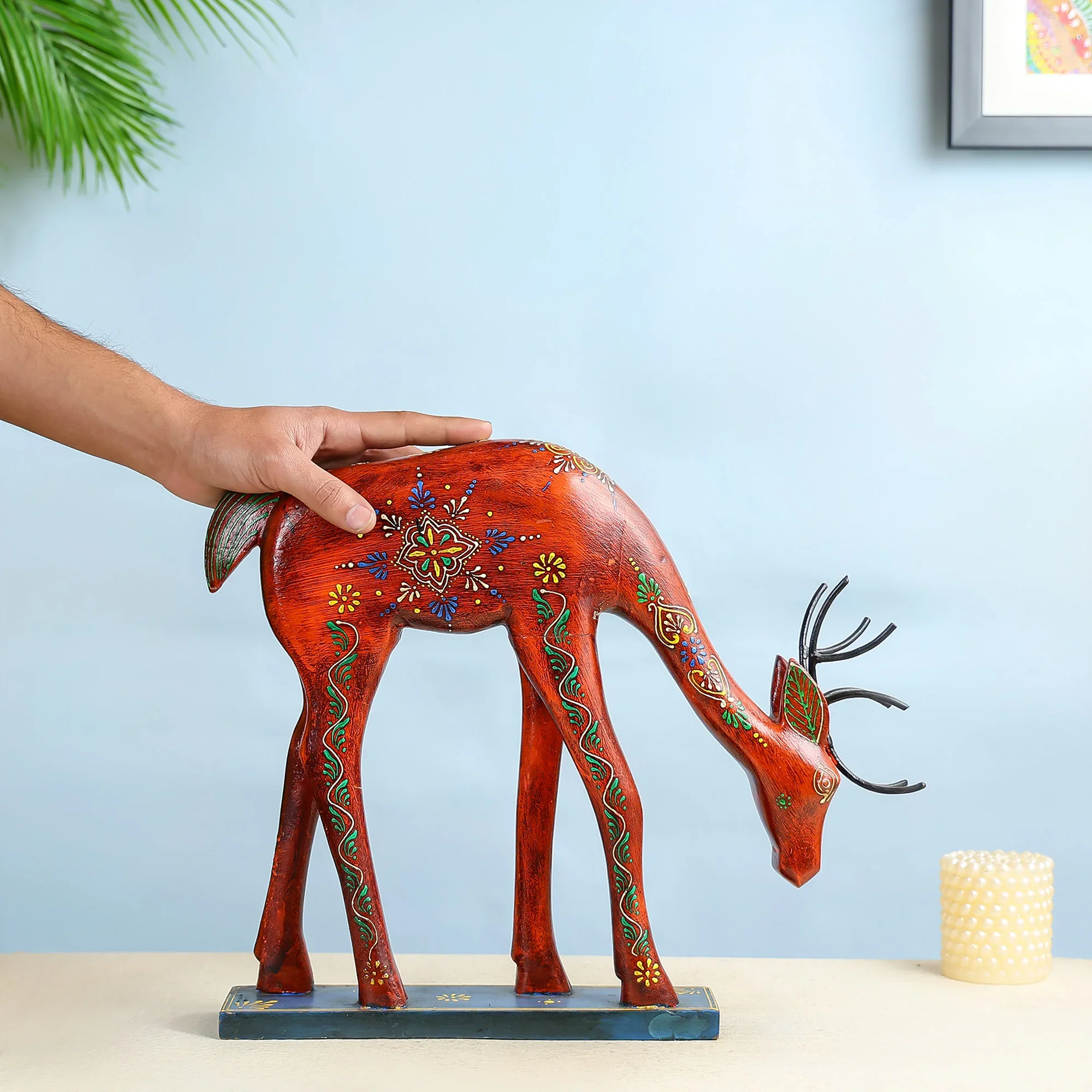 Hand Painted Wooden Carved Grazing Deer Table Decor - Image 2