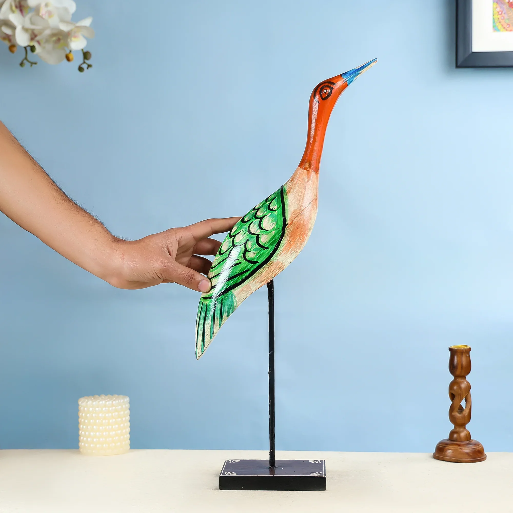 Hand painted Carved Wooden Crane Figurine with Iron Stand Table Decor - Image 2