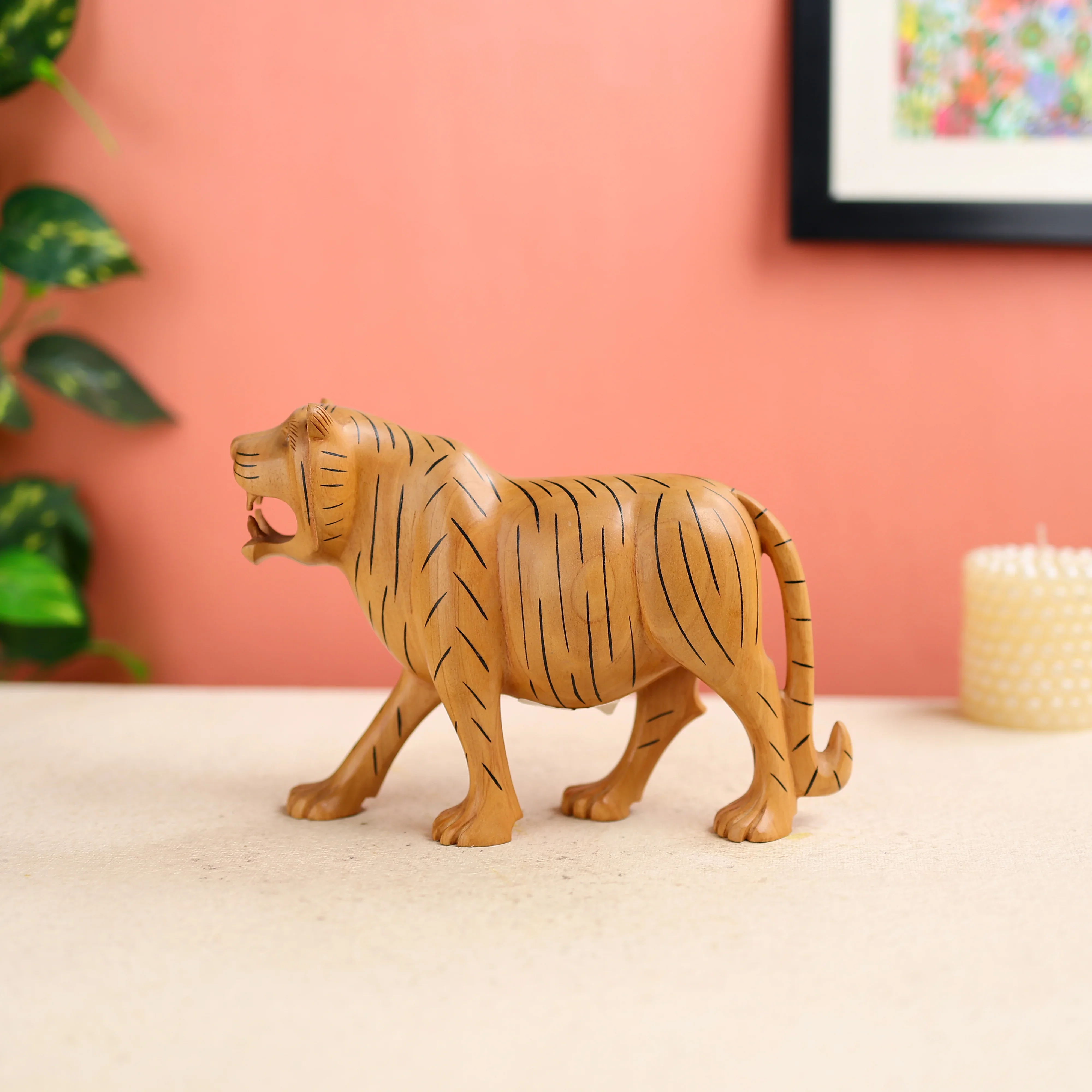 6" Kadam Wood Carved Royal Bengal Tiger Table Decor