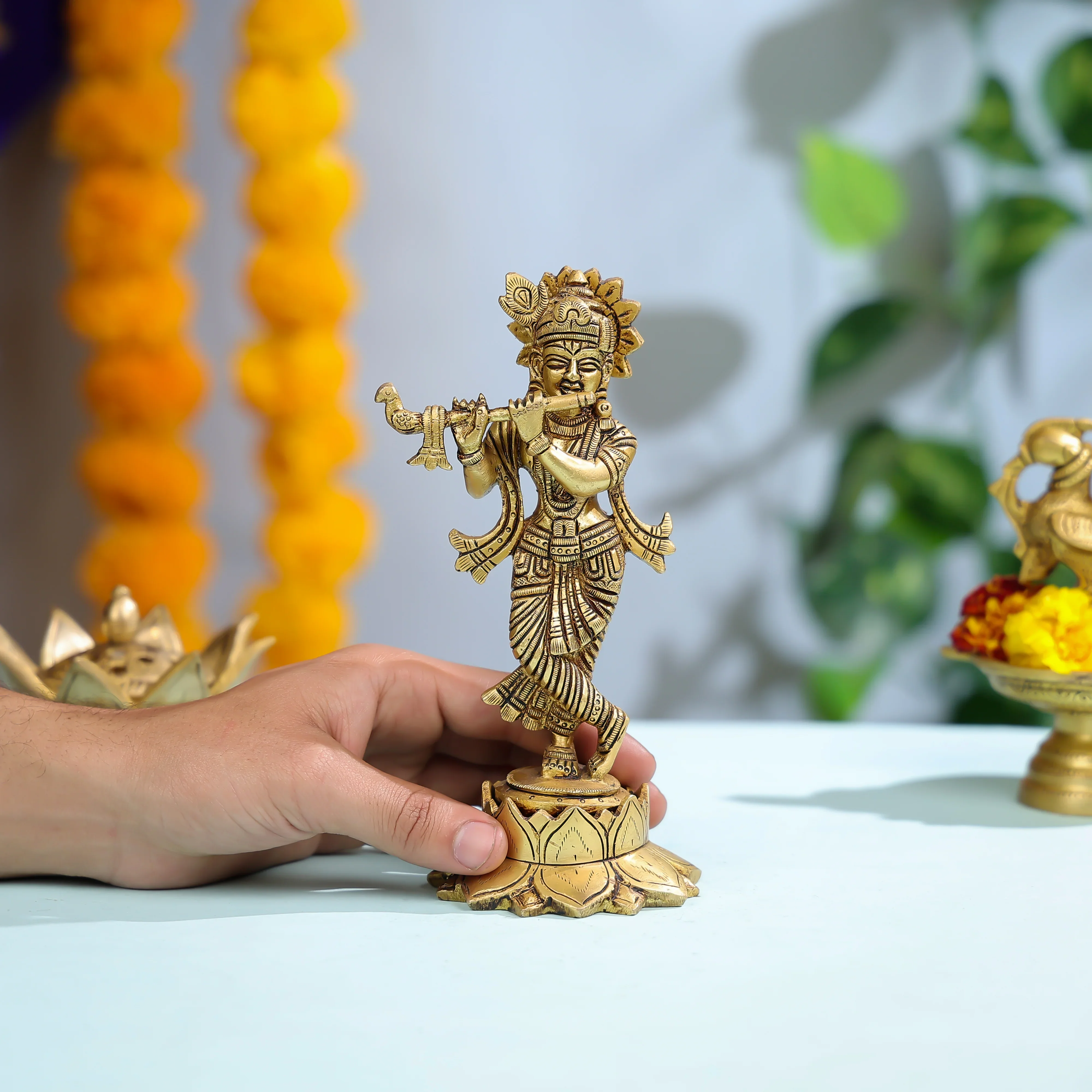 Intricately Designed Brass Krishna Idol With Flute For Spiritual Decor - Image 2