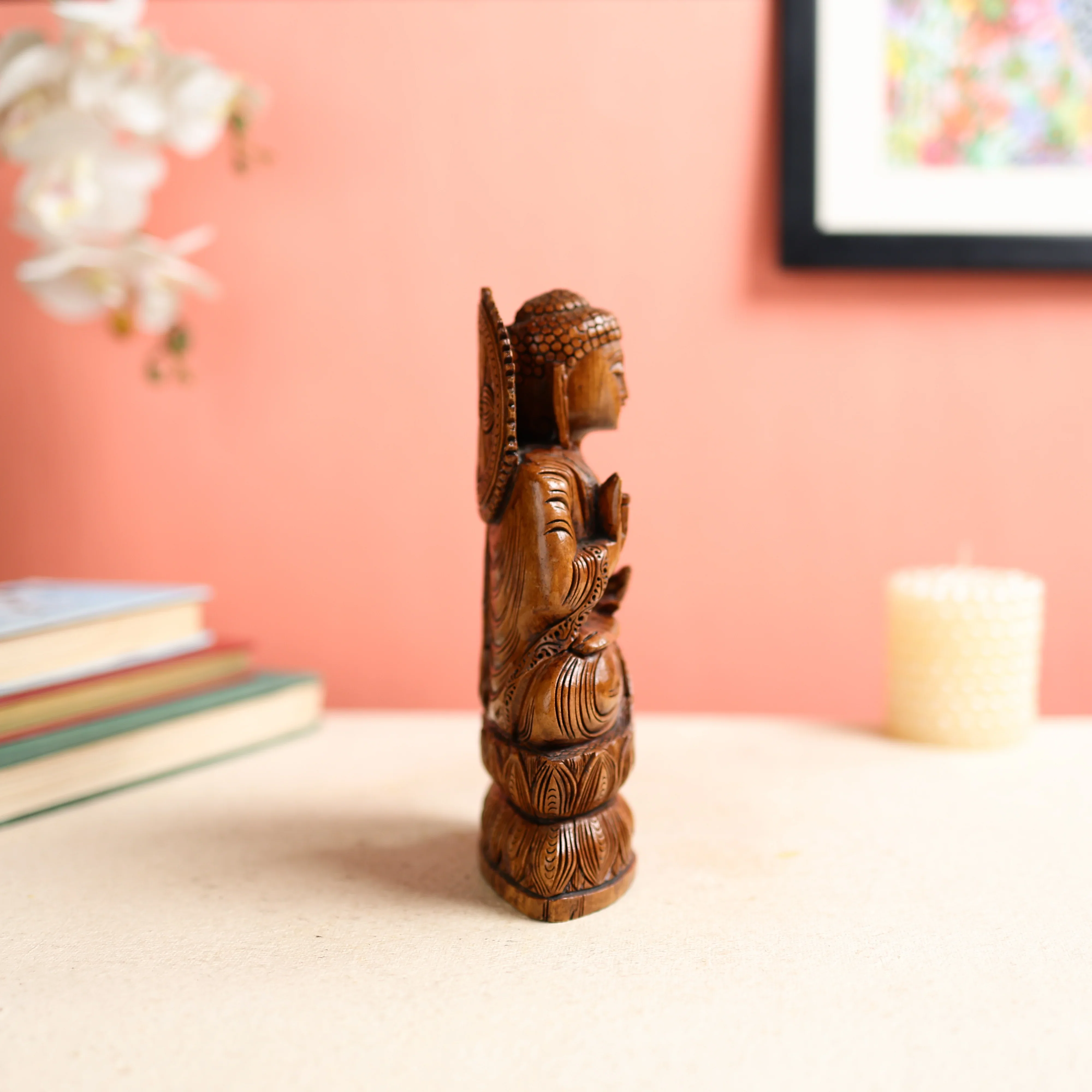 Kadam Wood Carved Lord Buddha In Dharma Chakra Posture - Image 3