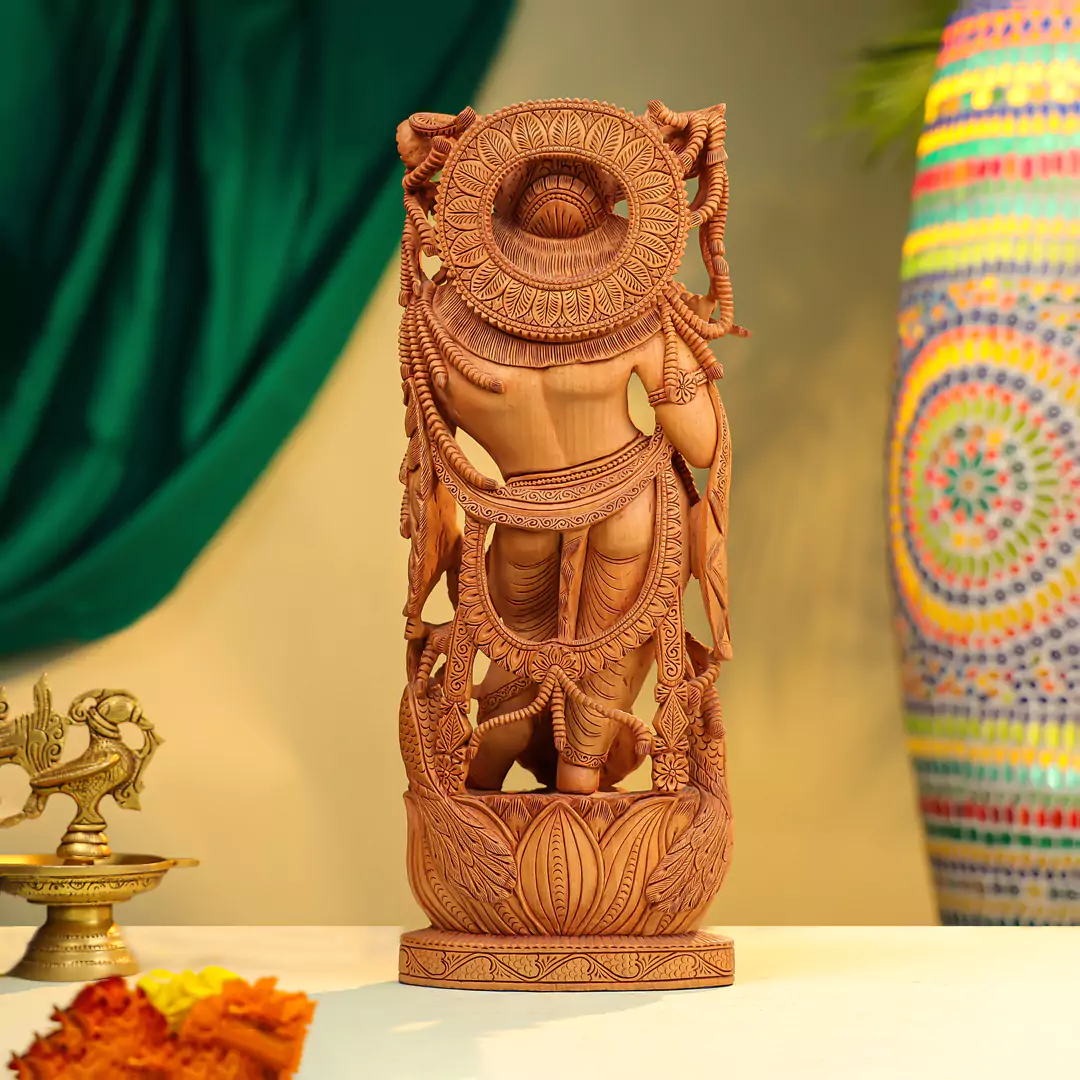 16" Kadam Wood Lord Krishna Idol Fluting on Lotus Base with Peacock - Richly Carved - Image 3