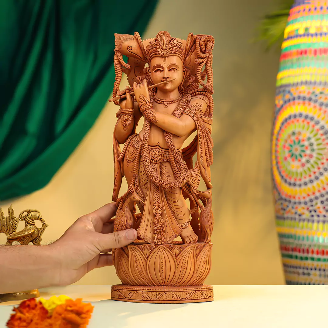 16" Kadam Wood Lord Krishna Idol Fluting on Lotus Base with Peacock - Richly Carved - Image 4