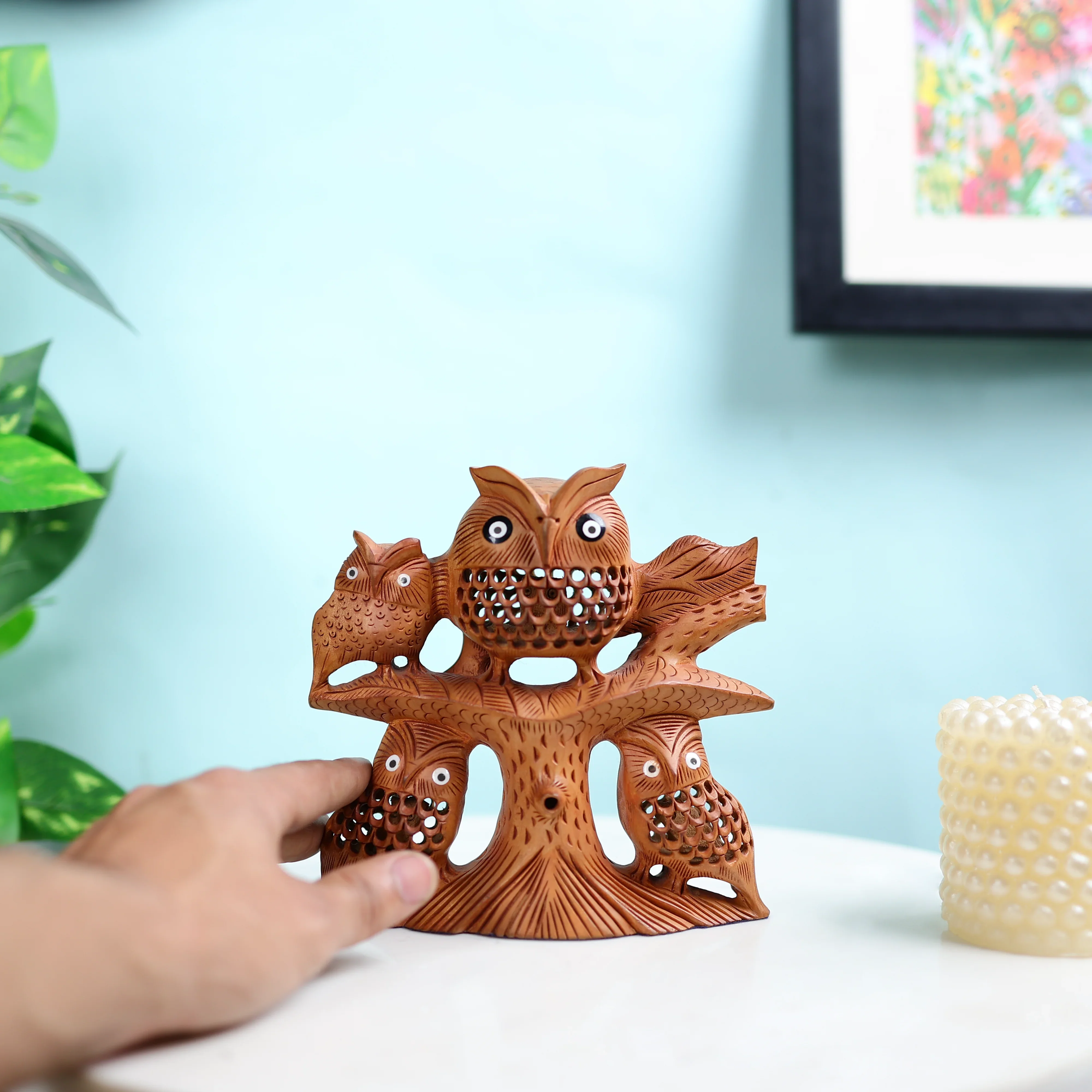 6.5" Kadam Wood Carved Owl Family Table Decor - Image 3