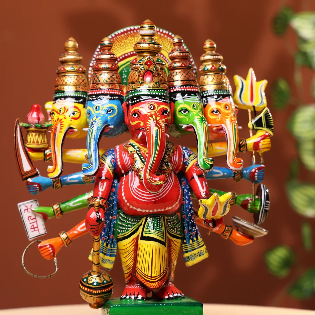 Lacquer Wooden Handpainted Panchmukhi Lord Ganesha