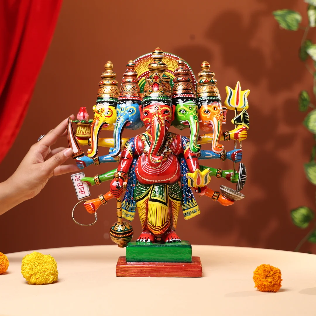Lacquer Wooden Handpainted Panchmukhi Lord Ganesha - Image 2