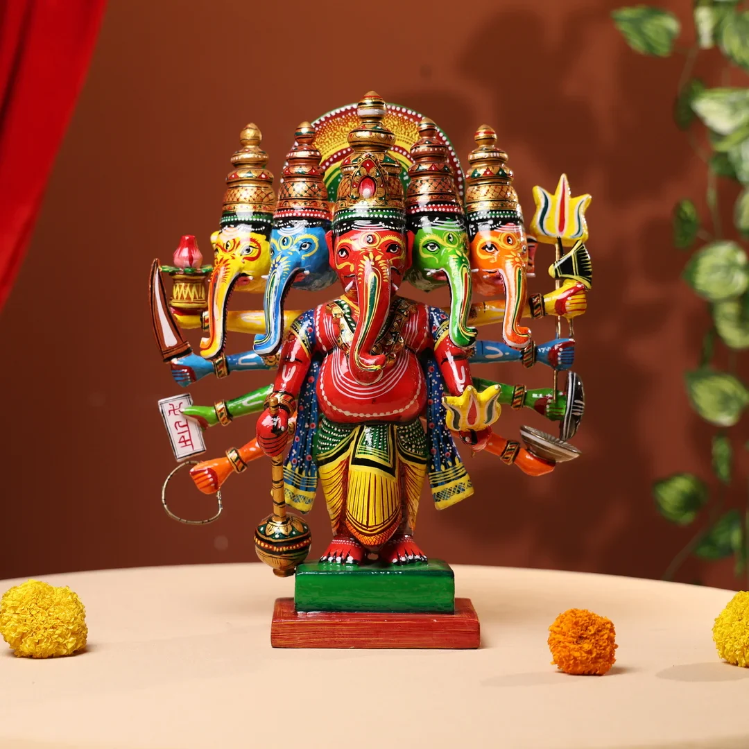 Lacquer Wooden Handpainted Panchmukhi Lord Ganesha - Image 5