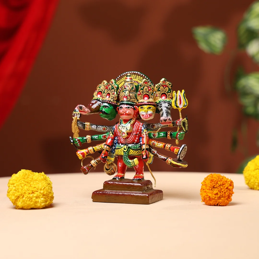 Lacquer Wooden Handpainted Panchmukhi Hanumanji - Image 2