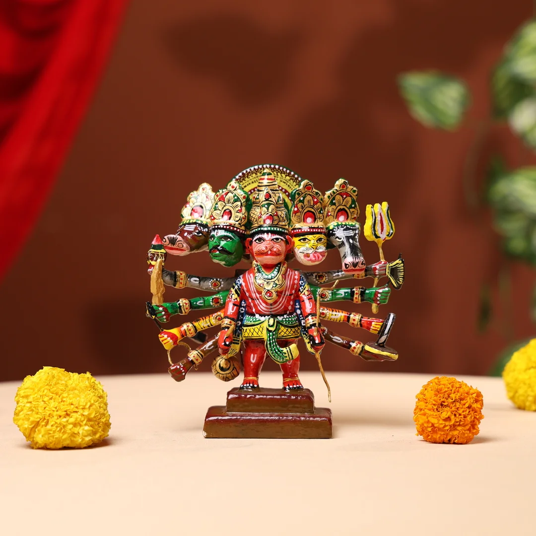 Lacquer Wooden Handpainted Panchmukhi Hanumanji - Image 4