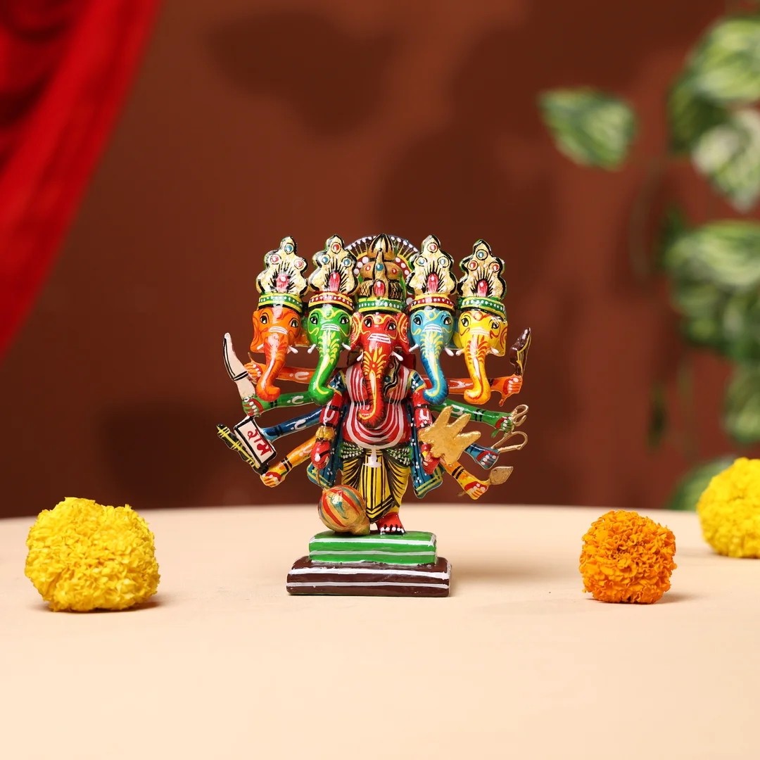 Lacquer Wooden Handpainted Panchmukhi Lord Ganesha - Image 4