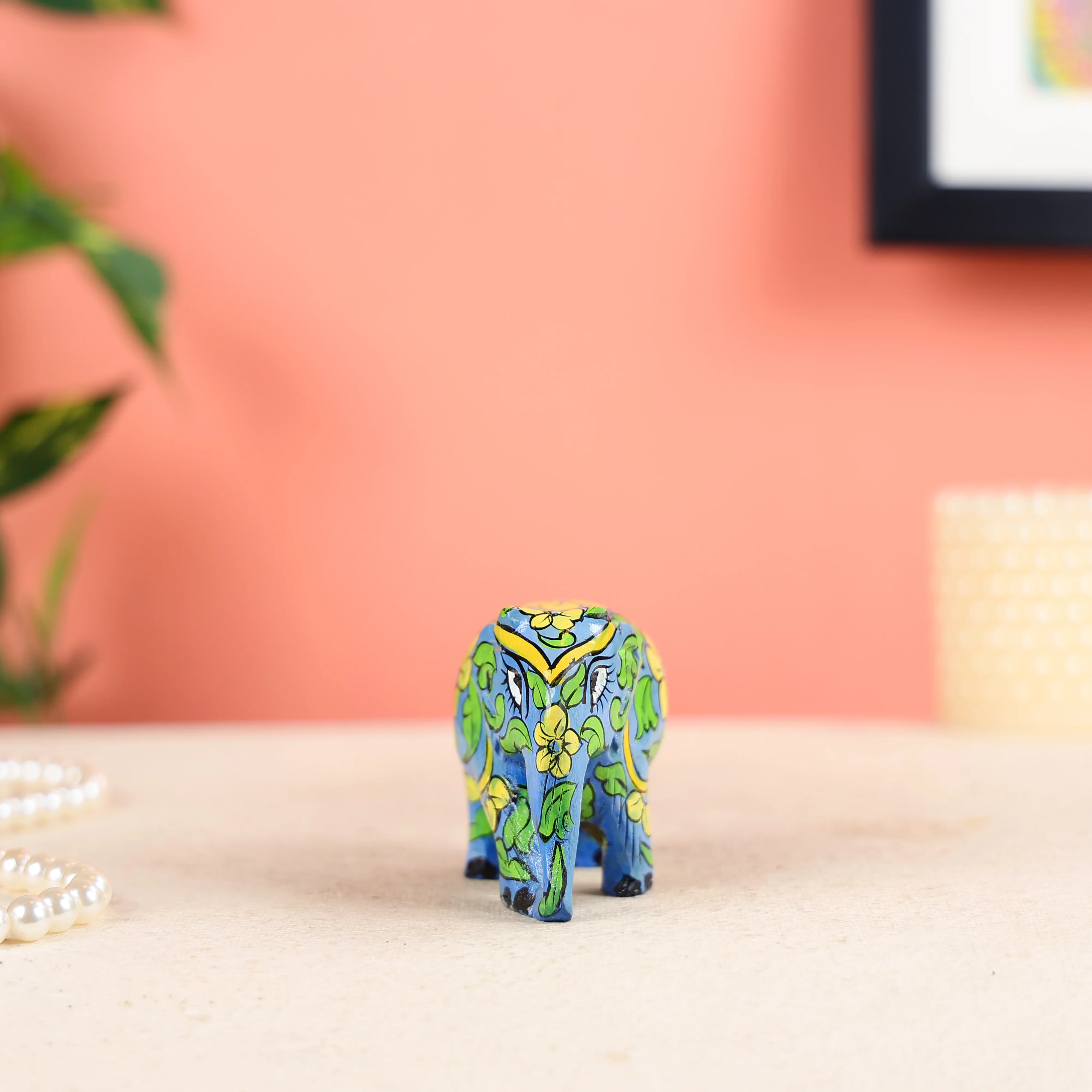 Hand-painted Wooden Carved Light Blue Elephant Wooden Table Decor - Image 3