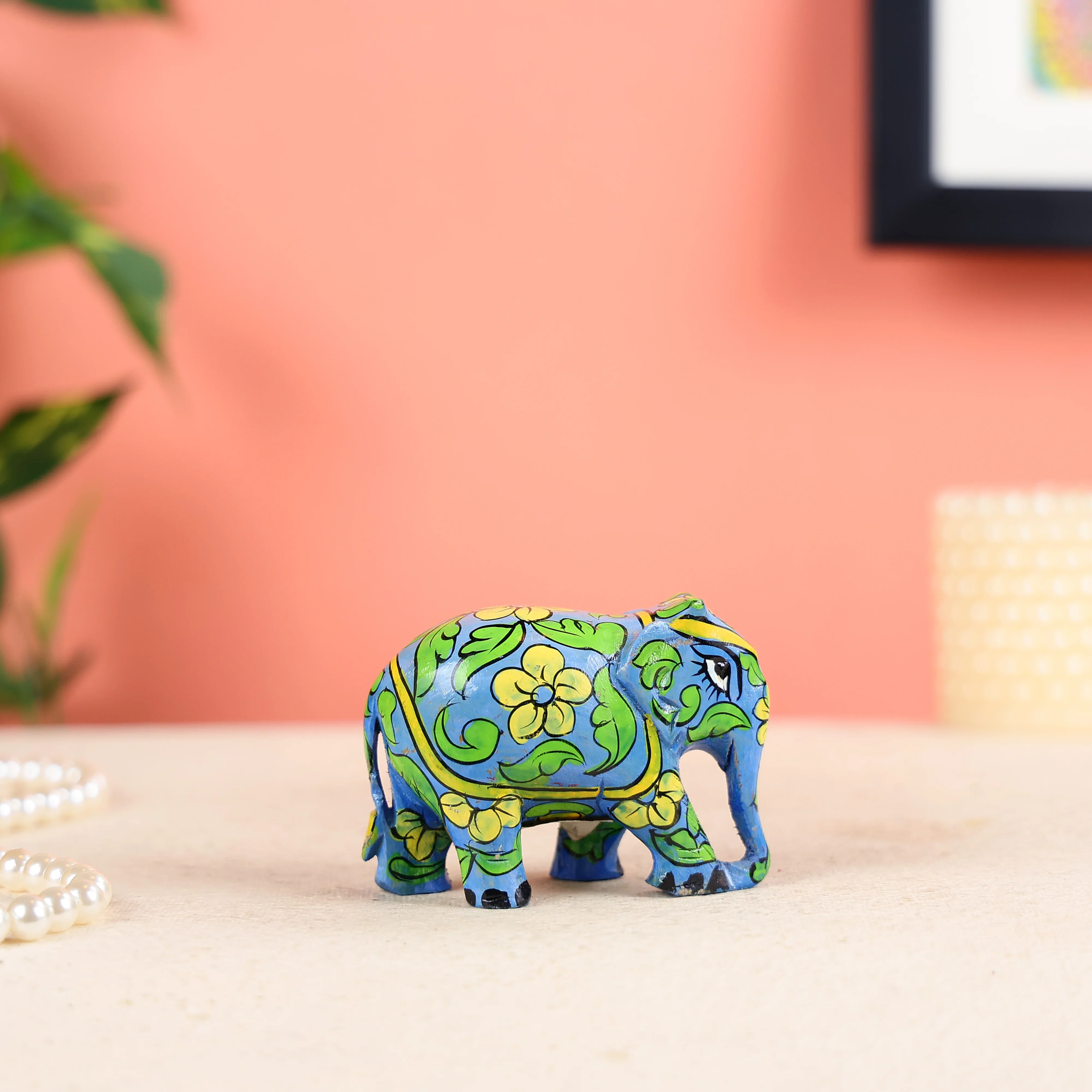 Hand-painted Wooden Carved Light Blue Elephant Wooden Table Decor - Image 4