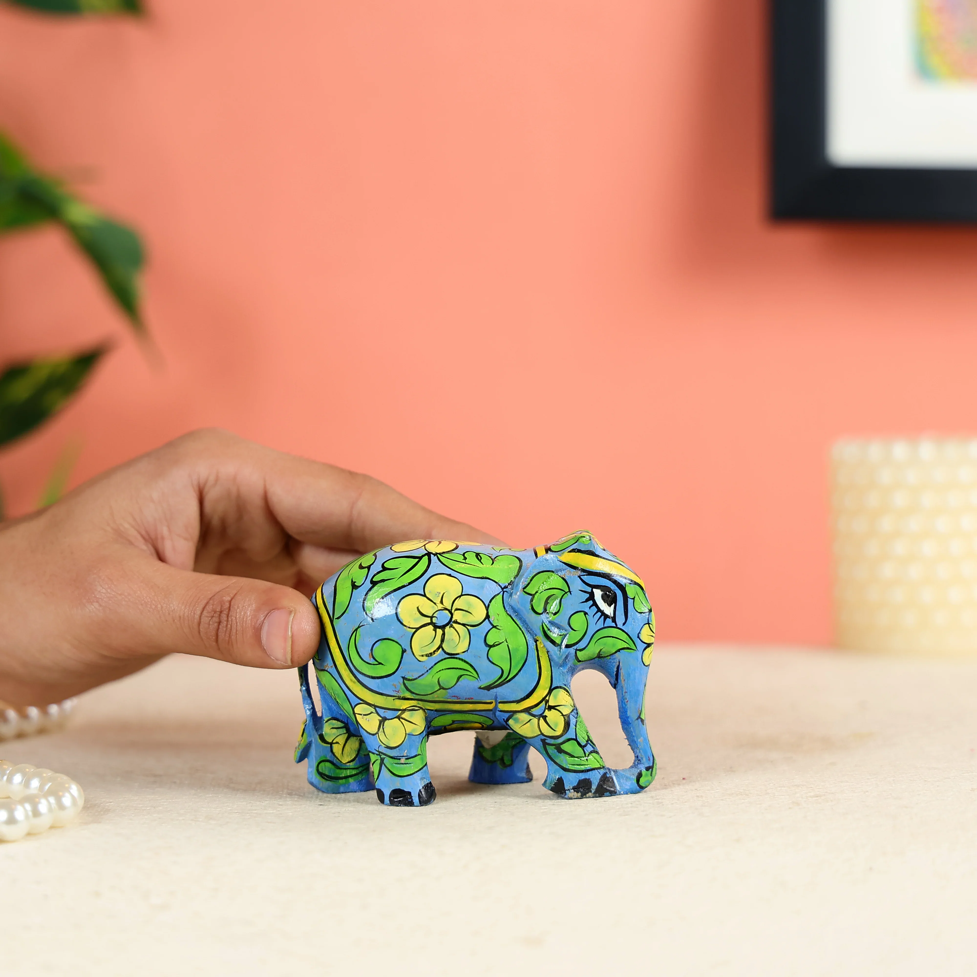 Hand-painted Wooden Carved Light Blue Elephant Wooden Table Decor - Image 5