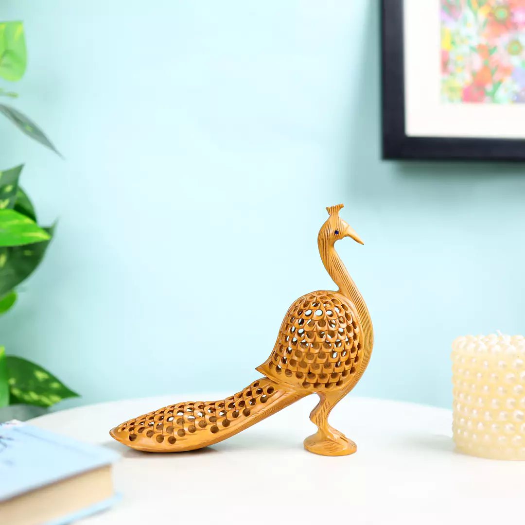 Hand Carved Kadam Wood Long Tailed Undercut Peacock Table Decor - Image 3