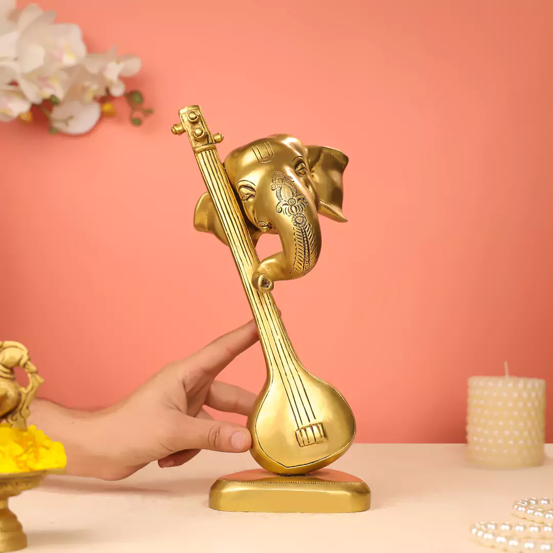 Lord Ganesh Mukh With Veena Brass Idol - Image 3