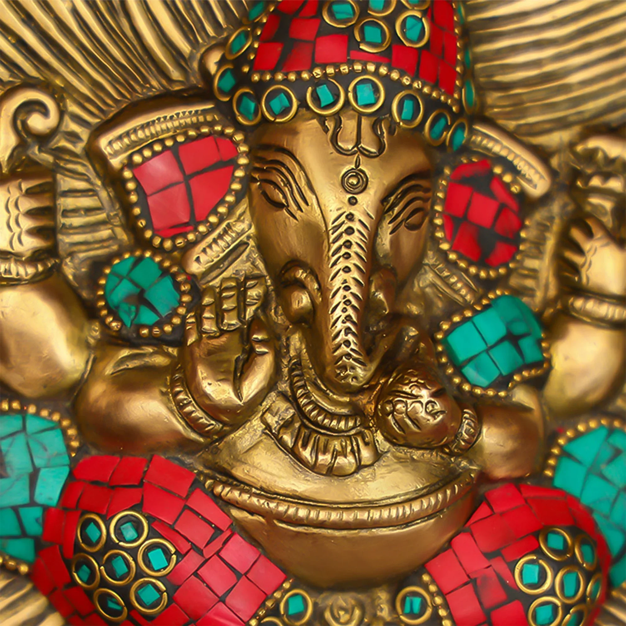 Brass Stonework Lord Ganesha On Leaf Wall Hanging - Image 3