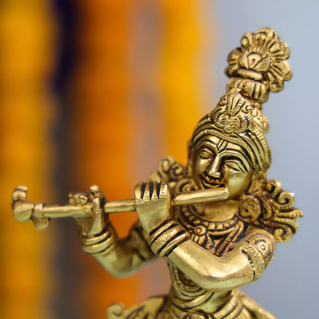 Lord Krishna Brass Statue Playing Flute - Image 4