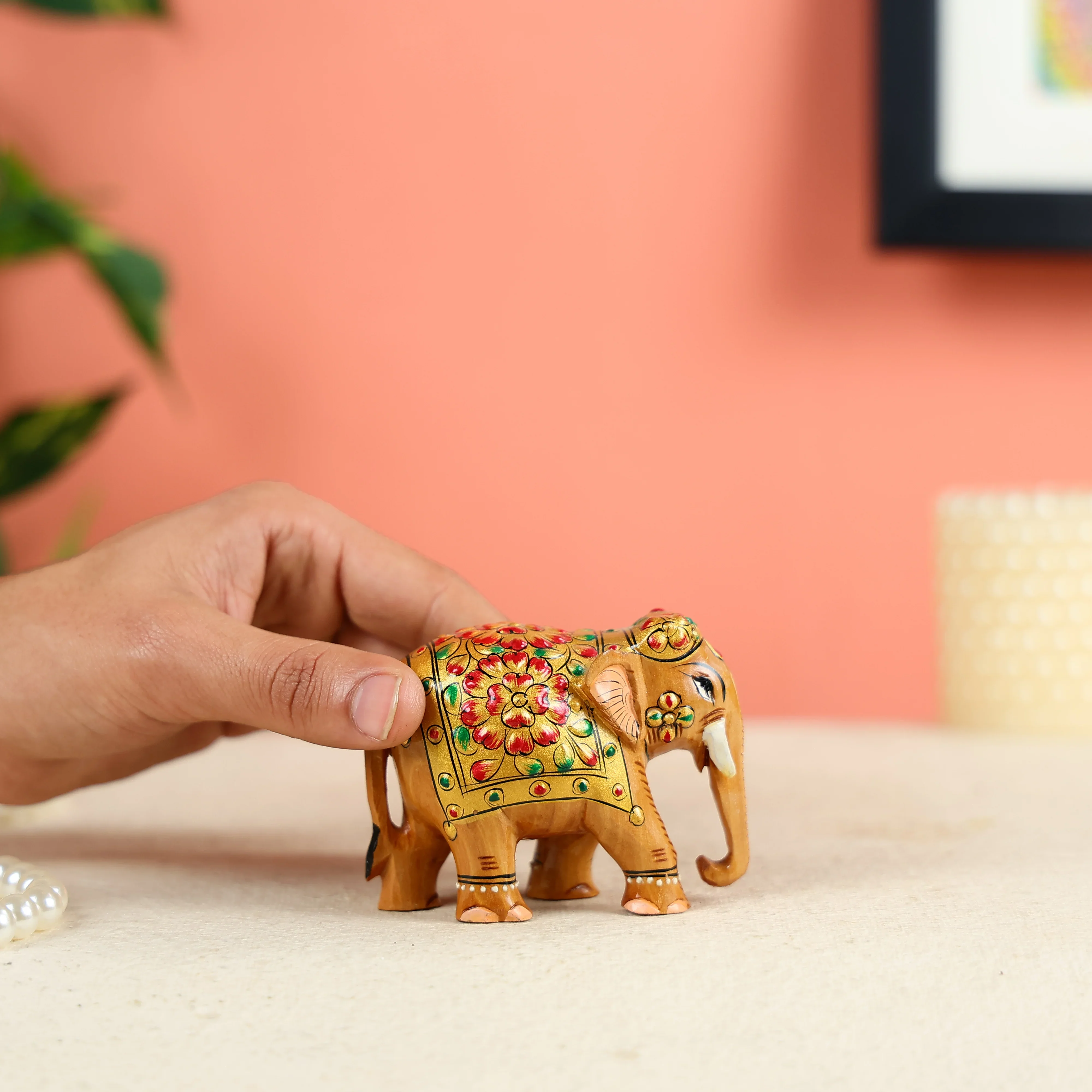 Mango Wood Carved Elephant With Meenakari Work - Image 5