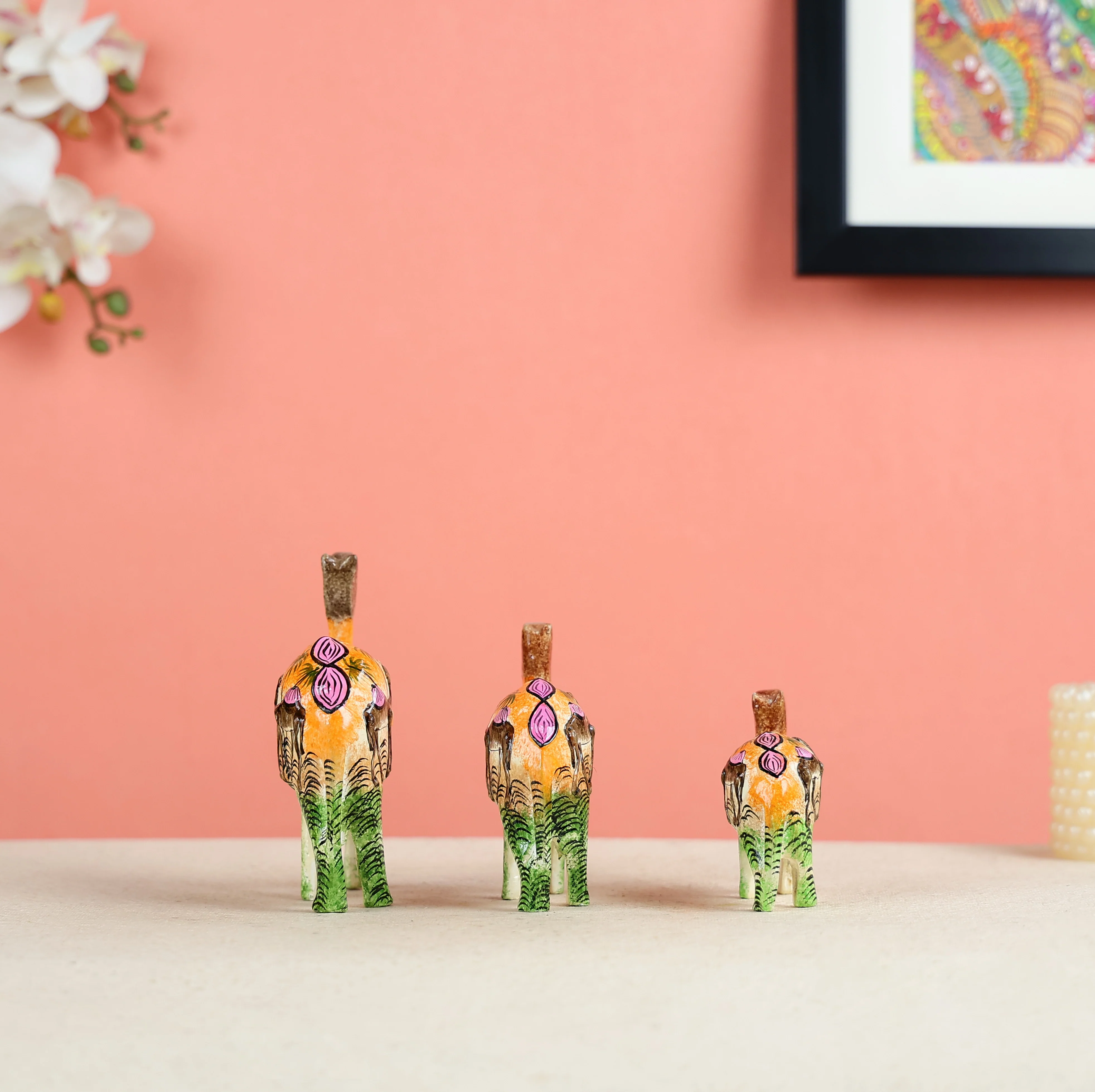 Paper Mache Crafted & Handpainted Camel Caravan Set Of 3 Table Decor - Image 2