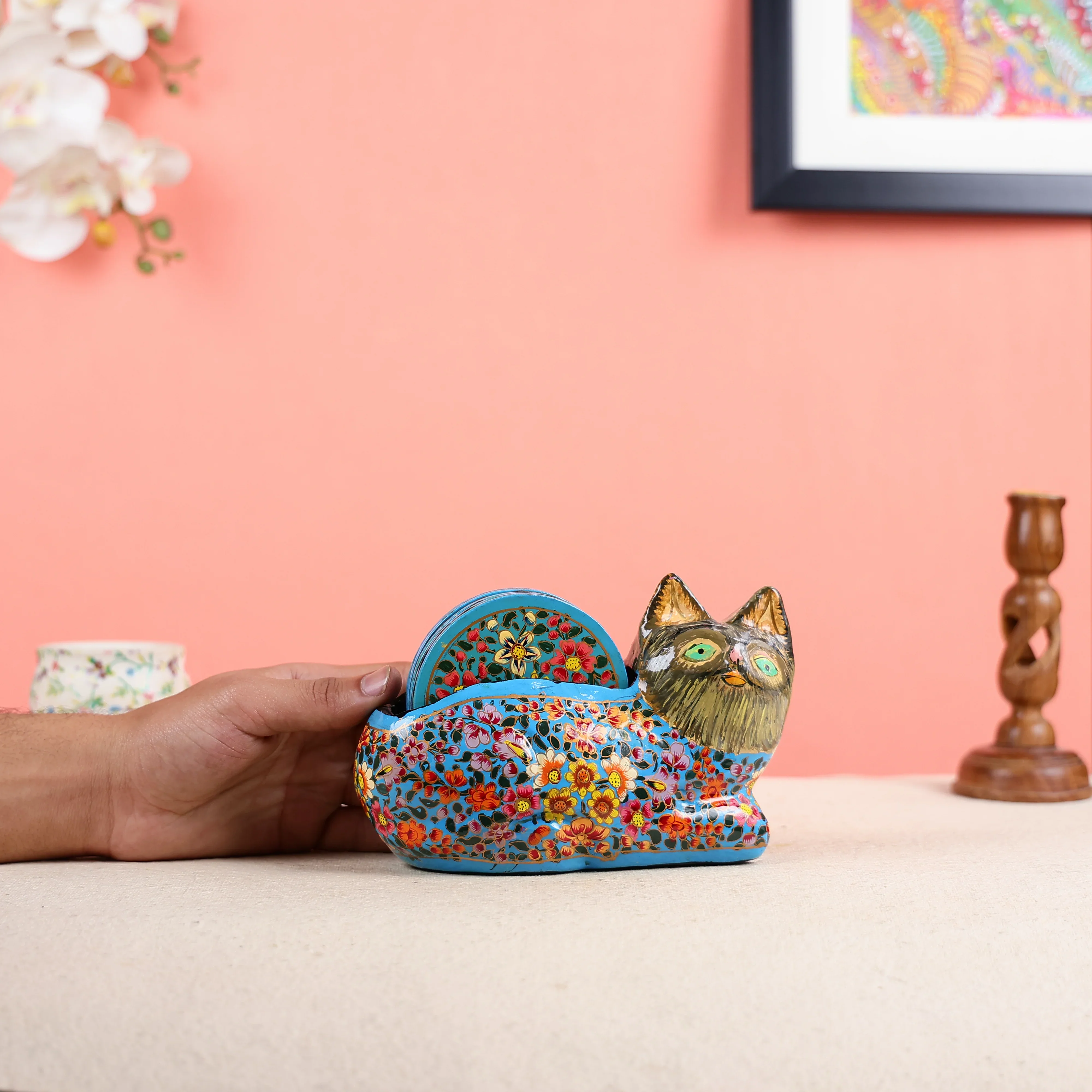 Paper Mache Crafted & Handpainted Cat With 6 Coasters Set - Image 6