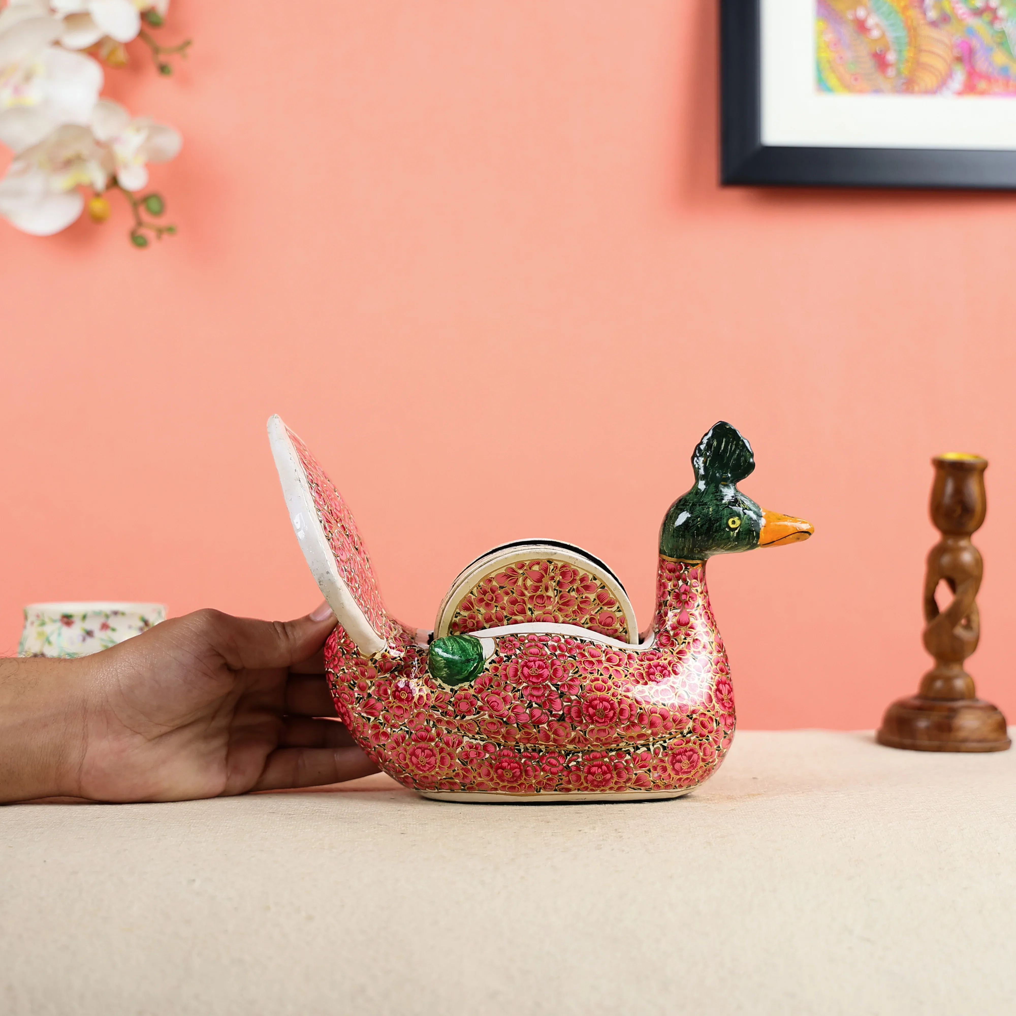 Paper Mache Crafted & Handpainted Duck With 6 Coasters Set - Image 4