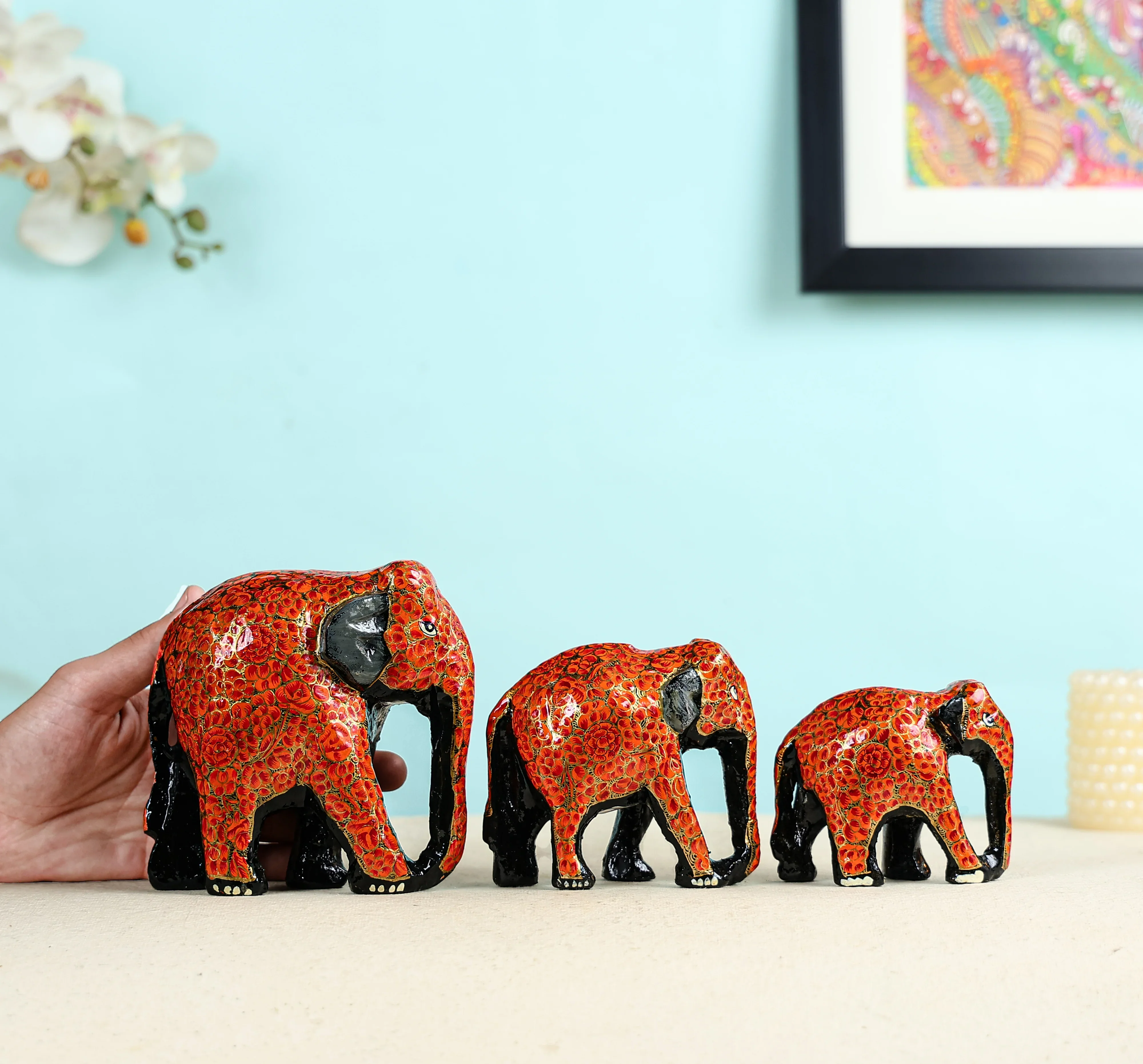 Paper Mache Crafted & Handpainted Elephant Family Set of 3 Table Decor - Image 4