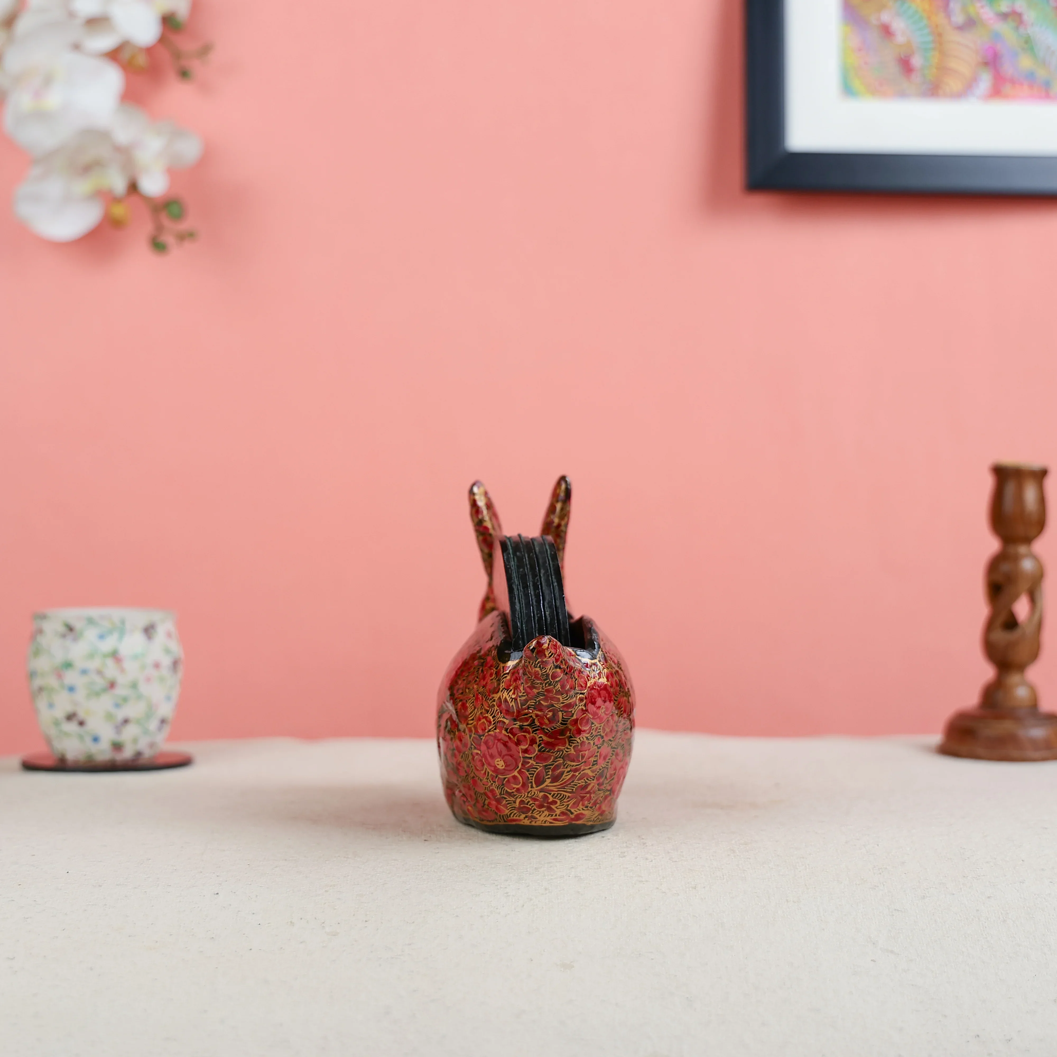 Paper Mache Crafted & Handpainted Rabbit With 6 Coasters Set - Image 3