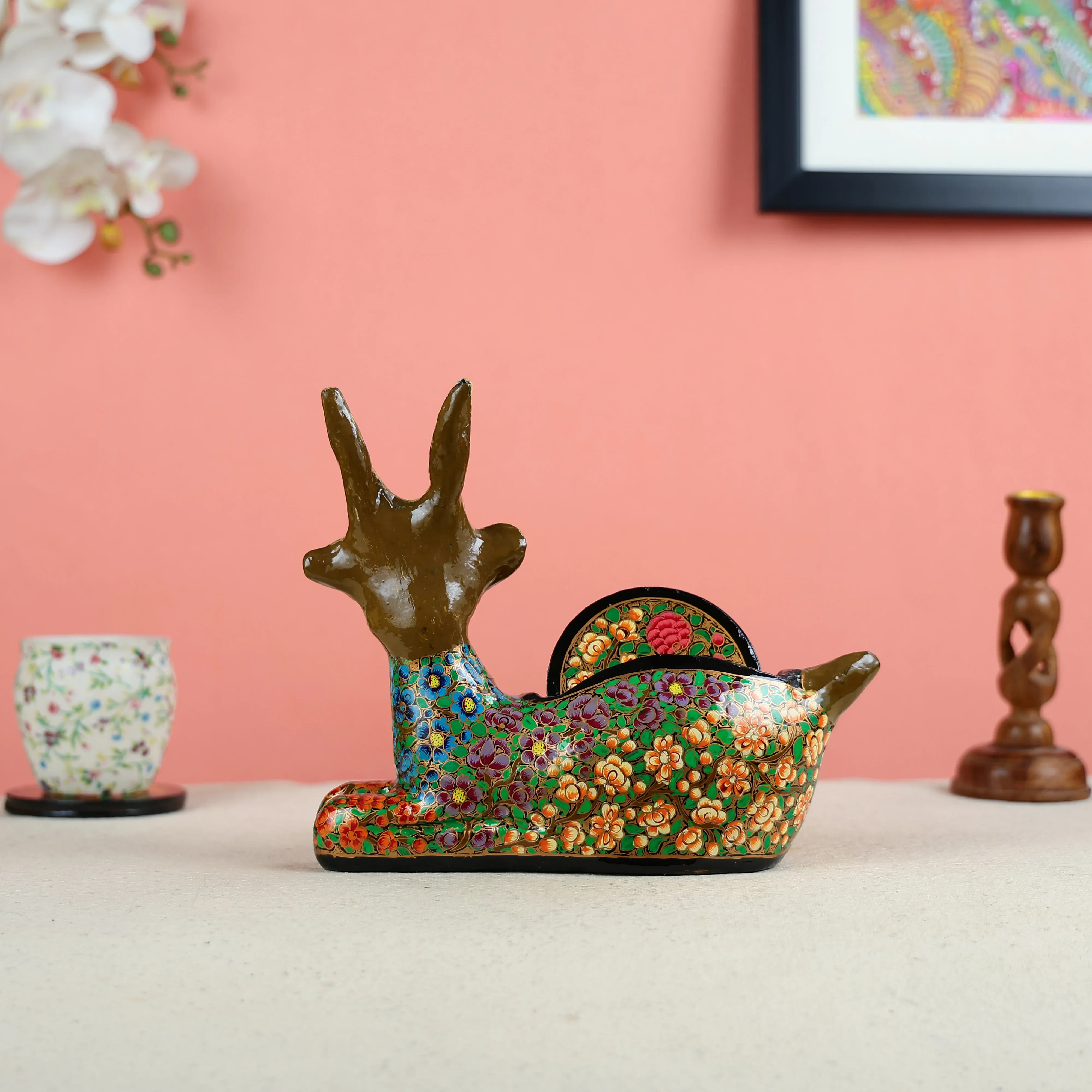 Paper Mache Crafted & Handpainted Reindeer With 6 Coasters Set - Image 4