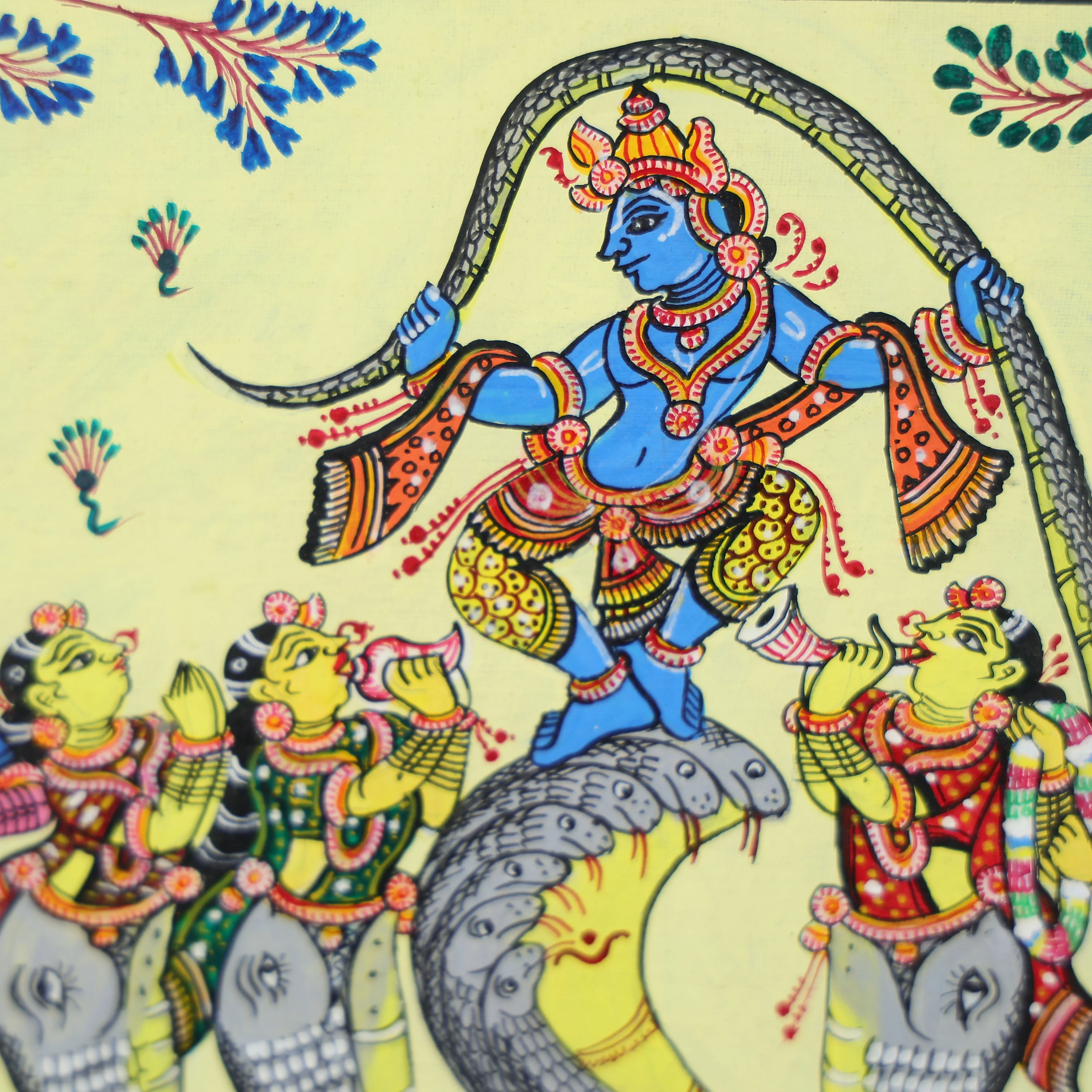 15" Pattachitra Hand Painted on Clay Clad Cloth Wall Art of Lord Krishna Dancing on Kaliya Naag - Image 4