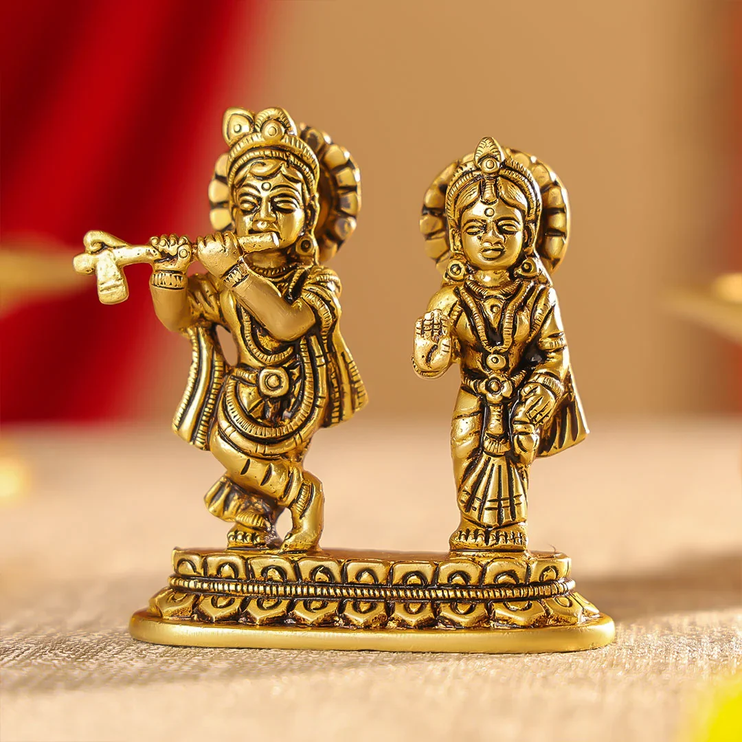 3.5" Brass Superfine Radha Krishna on Pedestal Idol - Image 2